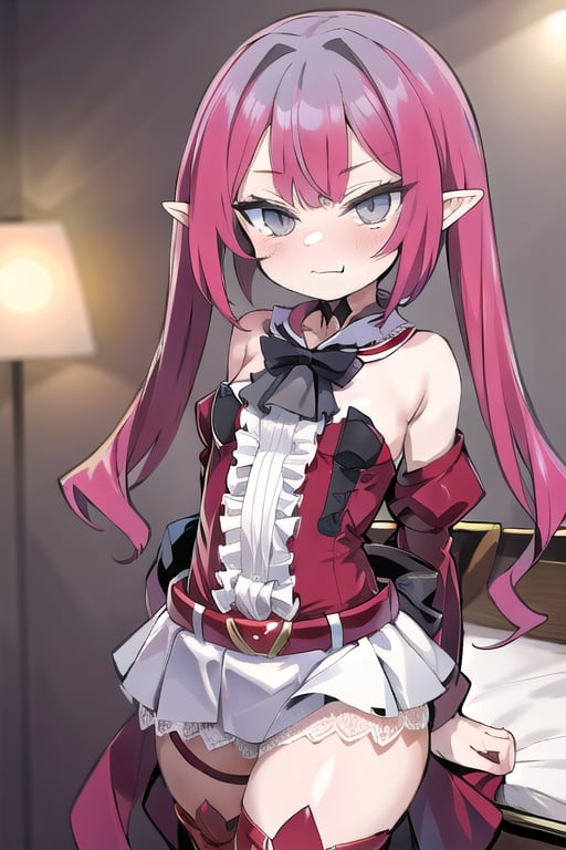 bedroom_background, high_resolution, best quality, extremely detailed, HD, 8K, 
1 girl, solo, figure_sexy, hot, smug_face, , short elf ears,Baobhan sith, PINK HAIR, GREY EYES, LONG HAIR, DIAMOND CHOKER, BLACK ASCOT, DETACHED COLLAR, CENTER FRILLS, RED DRESS, RED DETACHED SLEEVES, RED BELT, WHITE SKIRT, RED THIGH BOOTS, RED THIGH STRAPS,Shimejima