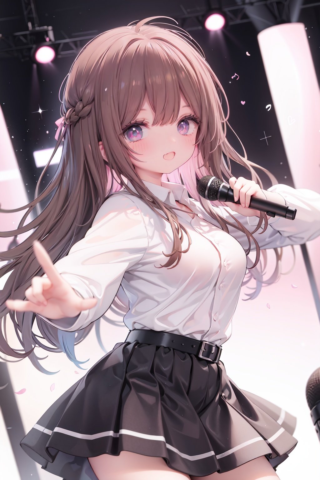  1girl, solo, microphone, smile, skirt, blush, brown eyes, long hair, open mouth, looking at viewer, brown hair, long sleeves, :d, shirt, bangs, belt, breasts, pink shirt, outstretched arm, music, black belt, medium breasts, holding microphone, singing