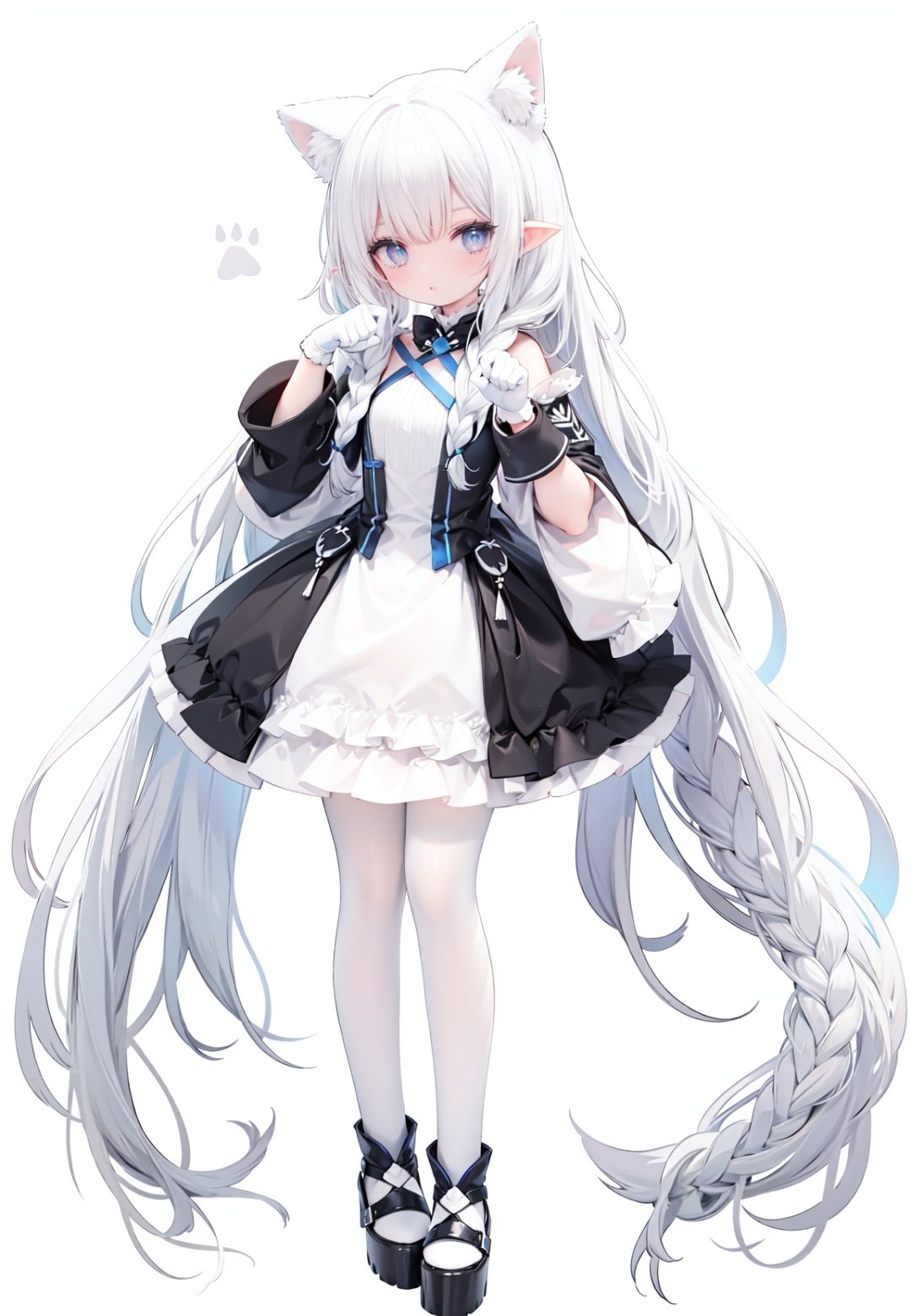  1girl, white_gloves, braid, full_body, gloves, long_hair, official_alternate_costume, pointy_ears, simple_background, solo, standing, very_long_hair, white_background, white hair, blue eyes, paw claw pose, open_mouth