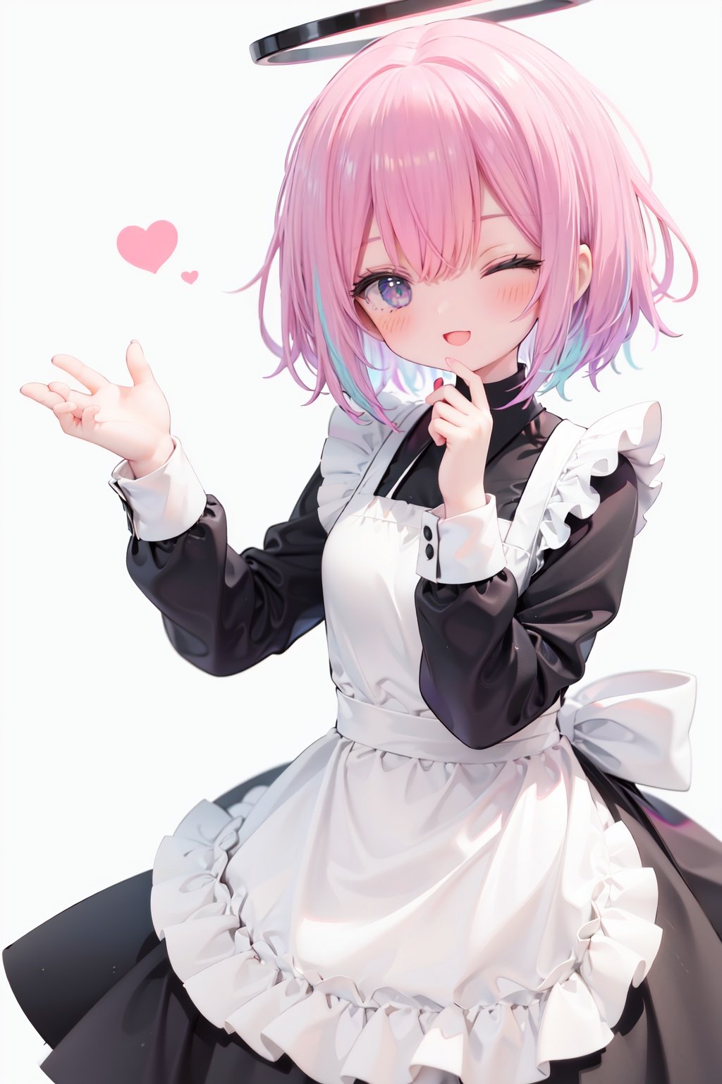  1girl, solo, apron, halo, hair over one eye, closed eyes, smile, white background, dress, white apron, simple background, long sleeves, multicolored hair, braid, open mouth, blue hair, alternate costume, blush, bangs, :d, pink hair, black dress, ribbon, frilled dress, enmaided, short hair, hand up, colored inner hair