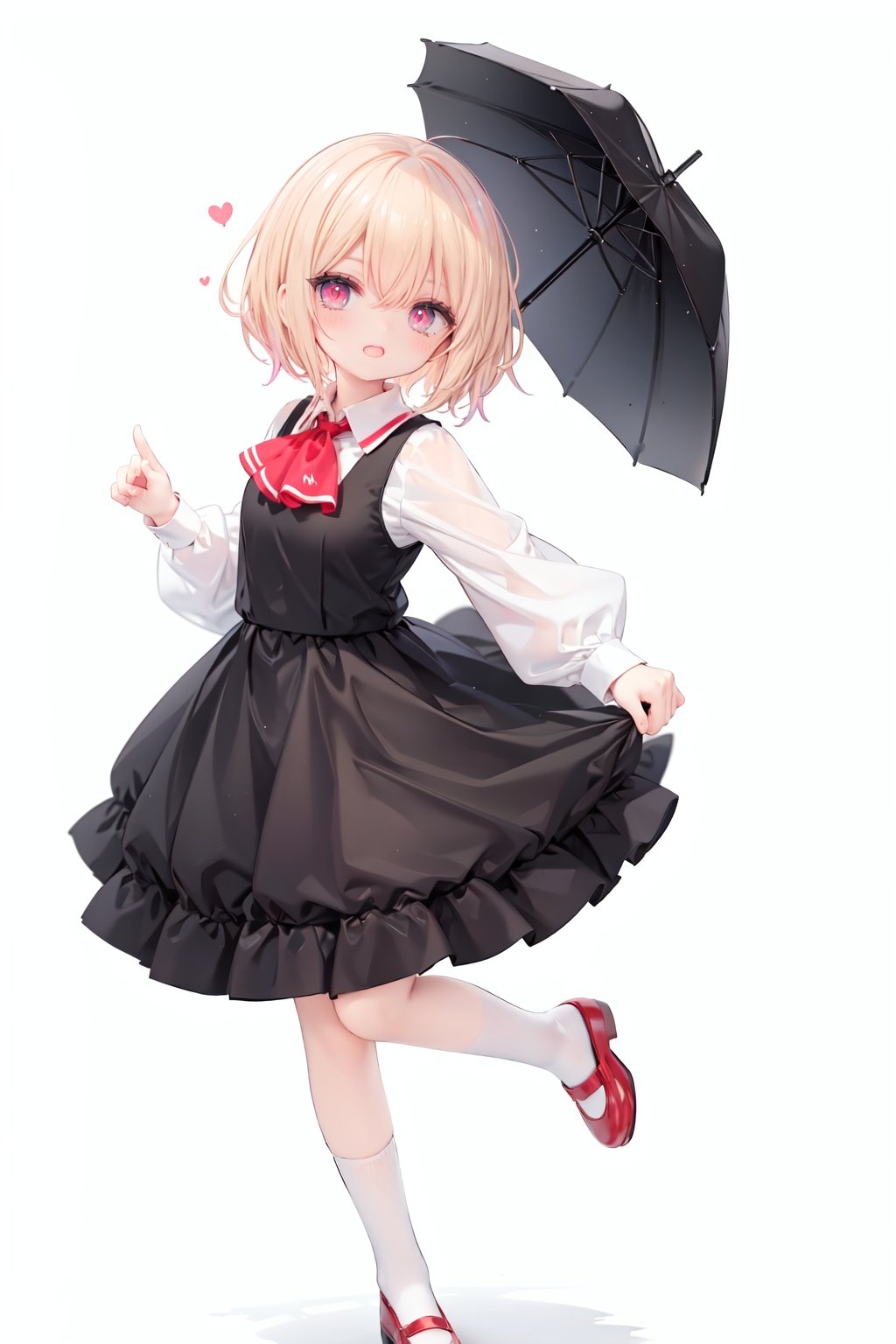  1girl, rumia, blonde hair, solo, white background, red eyes, red footwear, simple background, ascot, short hair, ribbon, open mouth, hair ribbon, smile, long sleeves, shirt, looking at viewer, red ascot, white socks, white shirt, red ribbon, shoes, socks, frills, bangs, outstretched arms, hair between eyes, skirt, :d, dress, vest, mary janes, black dress, black skirt, collared shirt, black vest, blush