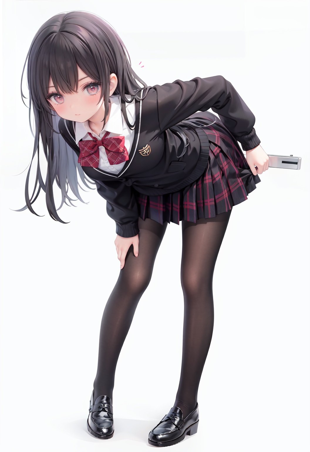  1girl, solo, pantyhose, skirt, long hair, loafers, shoes, simple background, school uniform, brown eyes, plaid, black pantyhose, plaid skirt, looking at viewer, black hair, pantyhose pull, full body, clothes pull, black footwear, pleated skirt, leaning forward, bangs, long sleeves, bent over, cardigan, bow, bowtie, standing, closed mouth, pulled by self, grey background, blush, miniskirt, red bow, sweater, undressing