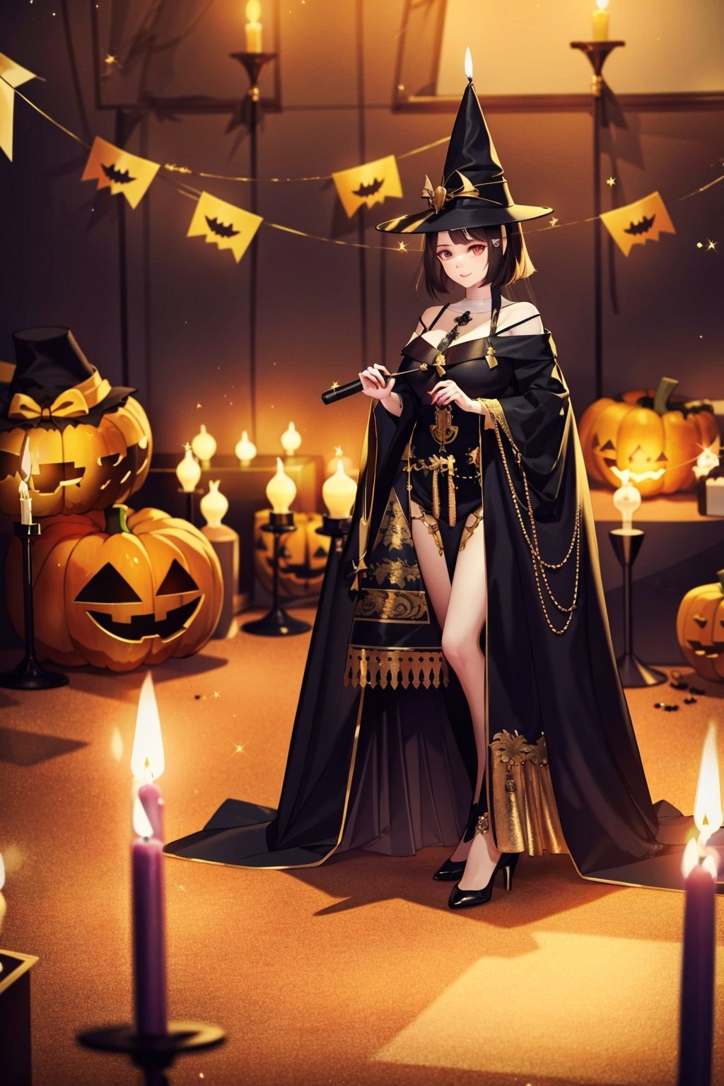  ((masterpiece)), ((best quality)), 8k, high detailed, ultra-detailed,(1girl),(Halloween atmosphere), (solo), (panorama), (costume), (candle), (decoration), high detailed, ultra-detailed., wsj-hd