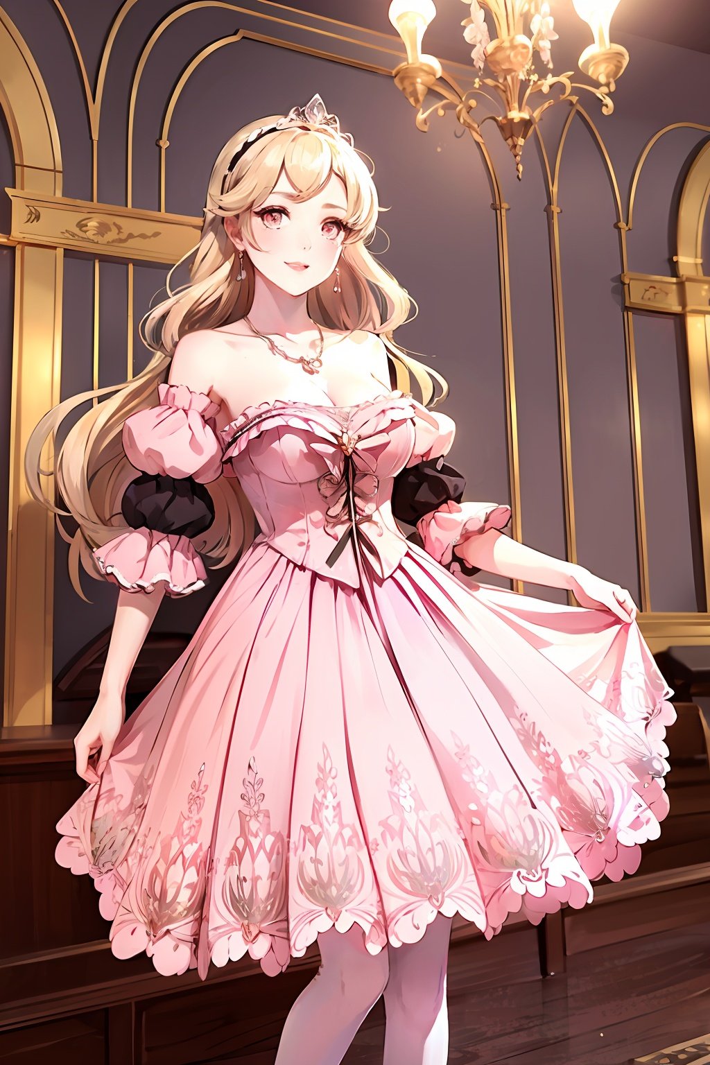  masterpiece, round eyewear,best quality, delicate face, beautiful girl, noble, aristocratic etiquette, banquet, aristocratic banquet, long blonde hair, red pupils, earrings, gorgeous dress, evening dress, white stockings, exquisite background, highest quality, European, gorgeous, aristocratic ladies, large skirt, multi-layered skirt, pink rose, pink gemstone earrings, pink gemstone necklace, gorgeous, dignified, elegant, intricate skirt pattern, gorgeous palace, masterpiece, perfect, first-class, highlights, bright and colorful tones, 3D, High resolution, 1girl, mds-hd, xwhd,mdsc-hd, jyy-hd, yf-hd, wsj-hd