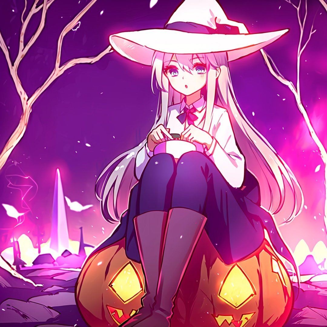  1girl, hat, elaina (majo no tabitabi), solo, witch hat, long hair, blue eyes, sitting, looking at viewer, skirt, shirt, white hair, witch, ribbon, white shirt, boots, tower, blush, bangs, long sleeves, hair between eyes, holding, collared shirt, elaina \(majo notabitabi\),
万圣节,Halloween Background,jack-o'-lantern, no humans, pumpkin, halloween, scenery, bare tree, tombstone, tree, night, graveyard, nature, forest, dark, outdoors, cute-hd, mds-hd