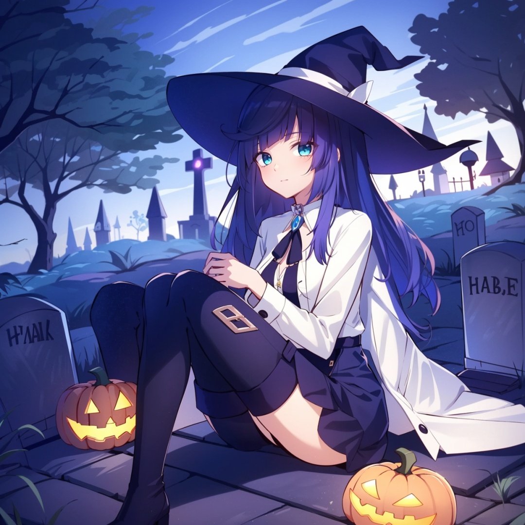  1girl, hat, elaina (majo no tabitabi), solo, witch hat, long hair, blue eyes, sitting, looking at viewer, skirt, shirt, white hair, witch, ribbon, white shirt, boots, tower, blush, bangs, long sleeves, hair between eyes, holding, collared shirt, elaina \(majonotabitabi\),
万圣节,Halloween Background,jack-o'-lantern, no humans, pumpkin, halloween, scenery, bare tree, tombstone, tree, night, graveyard, nature, forest, dark, outdoors, cute-hd, mds-hd, ylhd