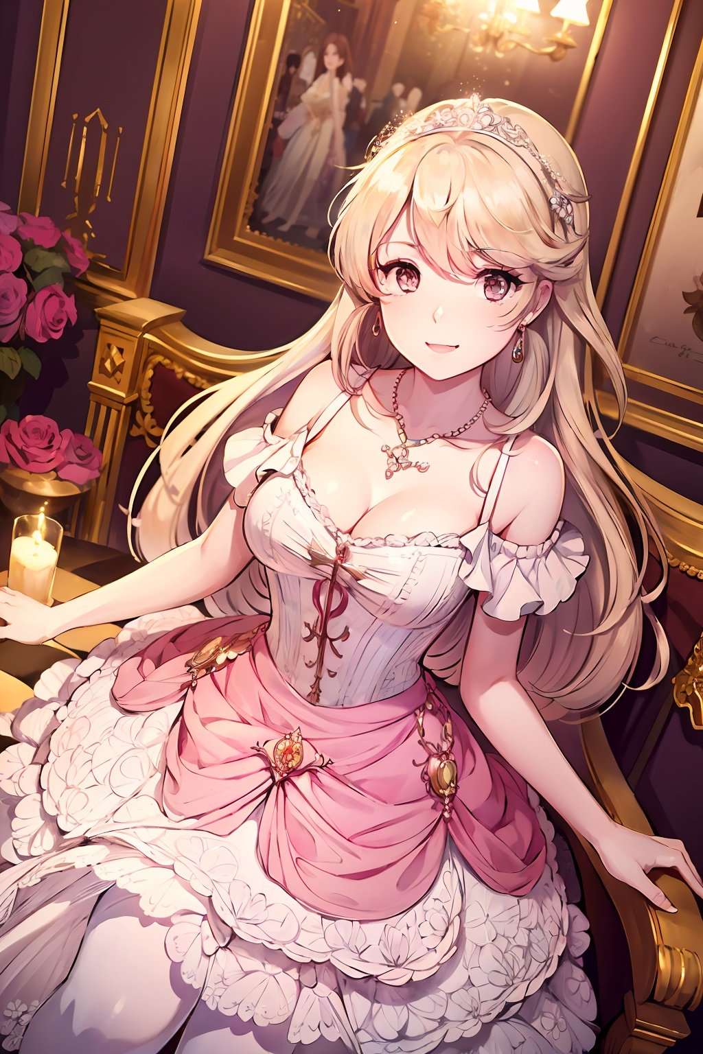  masterpiece, round eyewear,best quality, delicate face, beautiful girl, noble, aristocratic etiquette, banquet, aristocratic banquet, long blonde hair, red pupils, earrings, gorgeous dress, evening dress, white stockings, exquisite background, highest quality, European, gorgeous, aristocratic ladies, large skirt, multi-layered skirt, pink rose, pink gemstone earrings, pink gemstone necklace, gorgeous, dignified, elegant, intricate skirt pattern, gorgeous palace, masterpiece, perfect, first-class, highlights, bright and colorful tones, 3D, High resolution, 1girl, mds-hd, xwhd,mdsc-hd, jyy-hd, yf-hd, wsj-hd