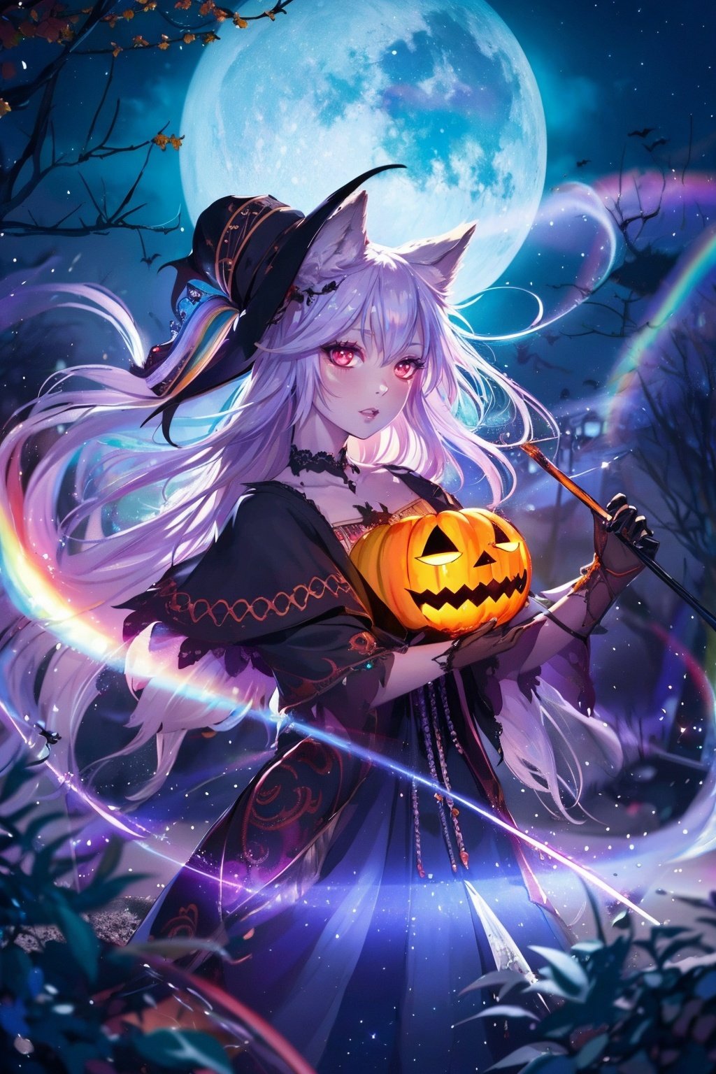  1 girl, Asian teenager, Halloween costume, masterpiece, best quality, ultra high res, highly detailed, psychedelic art (1.4), woman-demon (1.3), floating in dark mist (1.1), furry girl, anime furry women, (best quality), (masterpiece), (realistic), detailed, portrait, close up, young female, RAW photo, UHD, DSLR, rainbow hair, high quality, realistic, photo-realistic, dreamlike art, lens flare, upper body, looking at viewer, animal focus, furry, wolf fursuit, cute, kawaii, lovely, fur, fur head, wolf head, narrow waist, wolf ears, black choker, blush, paw, paw shoes, rainbow clothes, stunning gradient colors, no watermark signature, detailed background, woods, small lake with island, insanely detailed, visually stunning, wicked, hypnotic, alluring, cowboy shot, intricate, perfect shading, veil, beautiful, award-winning illustration, cosmic space background, ethereal atmosphere, ultra quality, beautiful girl, cosmic concept, rainbow strings, rainbow skin, rainbow bloody veins growing and intertwining out of the darkness, nailed wire, oozing thick blue blood, sharp neon, veins growing and pumping blood, vascular networks growing, green veins everywhere, yin and yang, glowing space, glowing stars, infinity symbol, dynamic pose, flying pose, glowing body, rainbow aura (1.1), beautiful angel, clockwork, lightning, majestic, breathtaking, guangying on face, jack-o'-lantern, witch hat, spider web, bats, haunted mansion, graveyard, full moon, eerie night sky, trick-or-treat bag, candy corn, spooky decorations, ghostly apparitions, pumpkin patch, creepy crawlies, scarecrow, witches' brew, cauldron, black cat, gothic elements, supernatural powers, magical spells, spellbinding enchantment