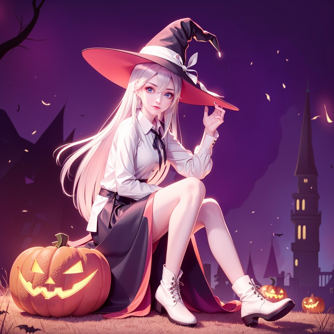  1girl, hat, elaina (majo no tabitabi), solo, witch hat, long hair, blue eyes, sitting, looking at viewer, skirt, shirt, white hair, witch, ribbon, white shirt, boots, tower, blush, bangs, long sleeves, hair between eyes, holding, collared shirt, elaina \(majonotabitabi\),
万圣节,Halloween Background,jack-o'-lantern, no humans, pumpkin, halloween, scenery, bare tree, tombstone, tree, night, graveyard, nature, forest, dark, outdoors, cute-hd, mds-hd