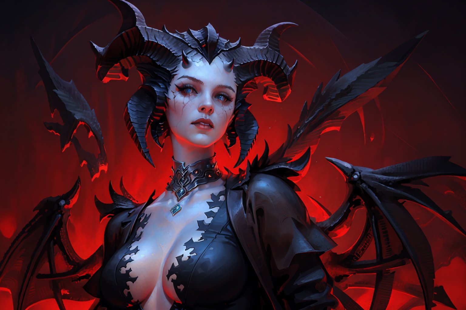  (masterpiece, best quality, high quality, real, realistic, super detailed,full detail,4k,8k),
NYDarkHalloween, 1girl, horns, solo, breasts, looking at viewer, parted lips, upper body, jewelry, demon horns, choker, demon girl, necklace, red background