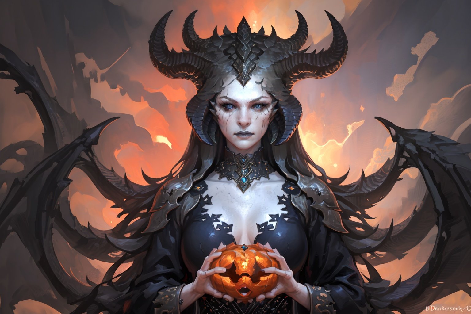  (masterpiece, best quality, high quality, real, realistic, super detailed,full detail,4k,8k),NYDarkHalloween, horns, 1girl, solo, looking at viewer, blue eyes, holding, jewelry, colored sclera, closed mouth, dragon, upper body, multiple horns, colored skin, pale skin