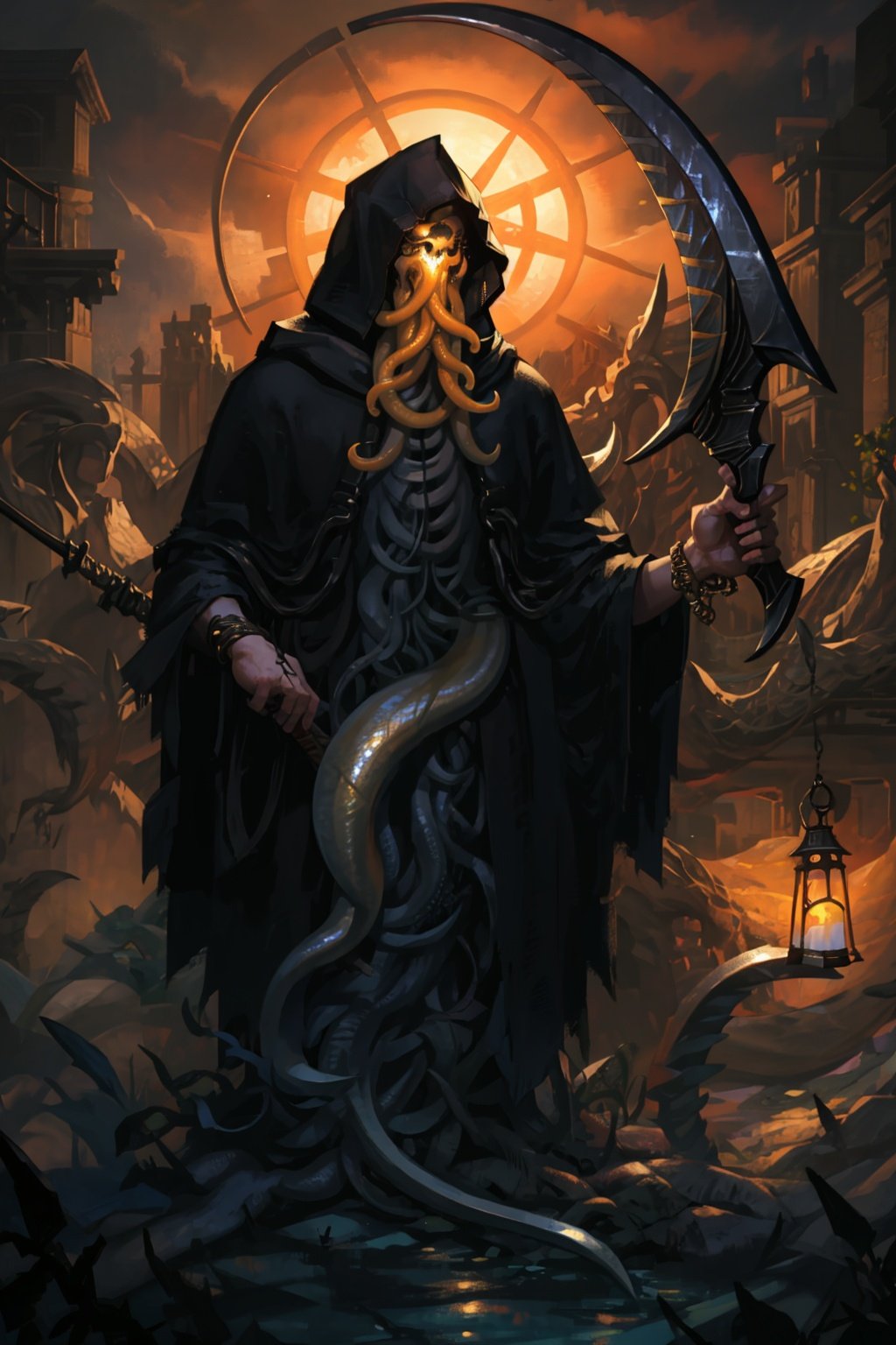  (masterpiece, best quality, high quality, real, realistic, super detailed,full detail,4k,8k),
NYDarkHalloween, tentacles, holding, hood, lantern, scythe, hood up, holding lantern, solo, cloak, weapon, holding scythe, hooded cloak, monster, eldritch abomination, holding weapon