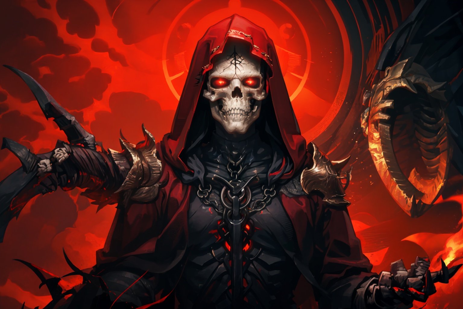  (masterpiece, best quality, high quality, real, realistic, super detailed,full detail,4k,8k),
NYDarkHalloween, skull, skeleton, solo, red eyes, 1boy, hood, red theme, hood up, male focus, undead, armor, chain, glowing, cloak, glowing eyes, upper body, red cloak, bone, looking at viewer