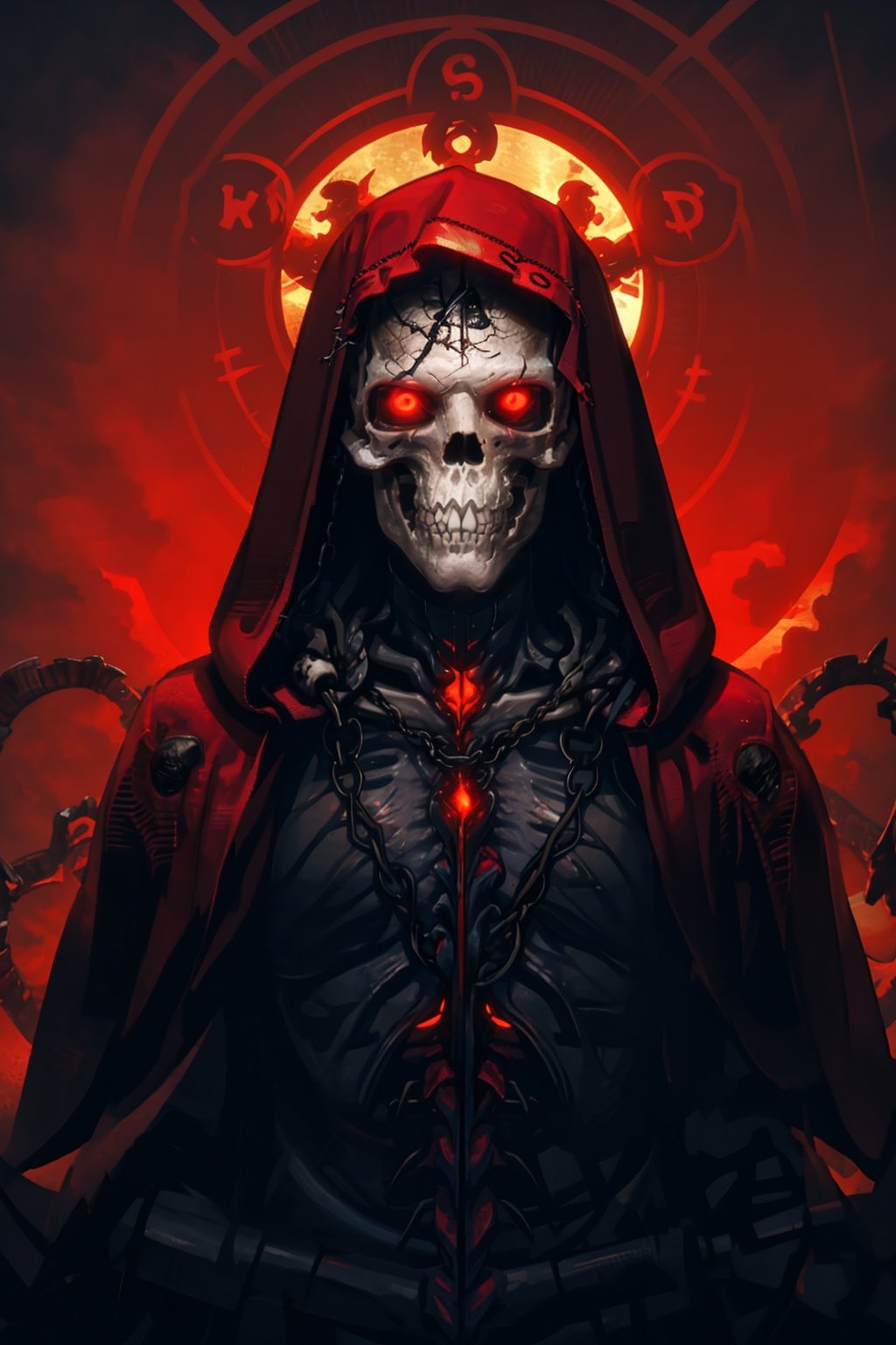  (masterpiece, best quality, high quality, real, realistic, super detailed,full detail,4k,8k),
NYDarkHalloween, skull, skeleton, solo, red eyes, 1boy, hood, red theme, hood up, male focus, undead, armor, chain, glowing, cloak, glowing eyes, upper body, red cloak, bone, looking at viewer