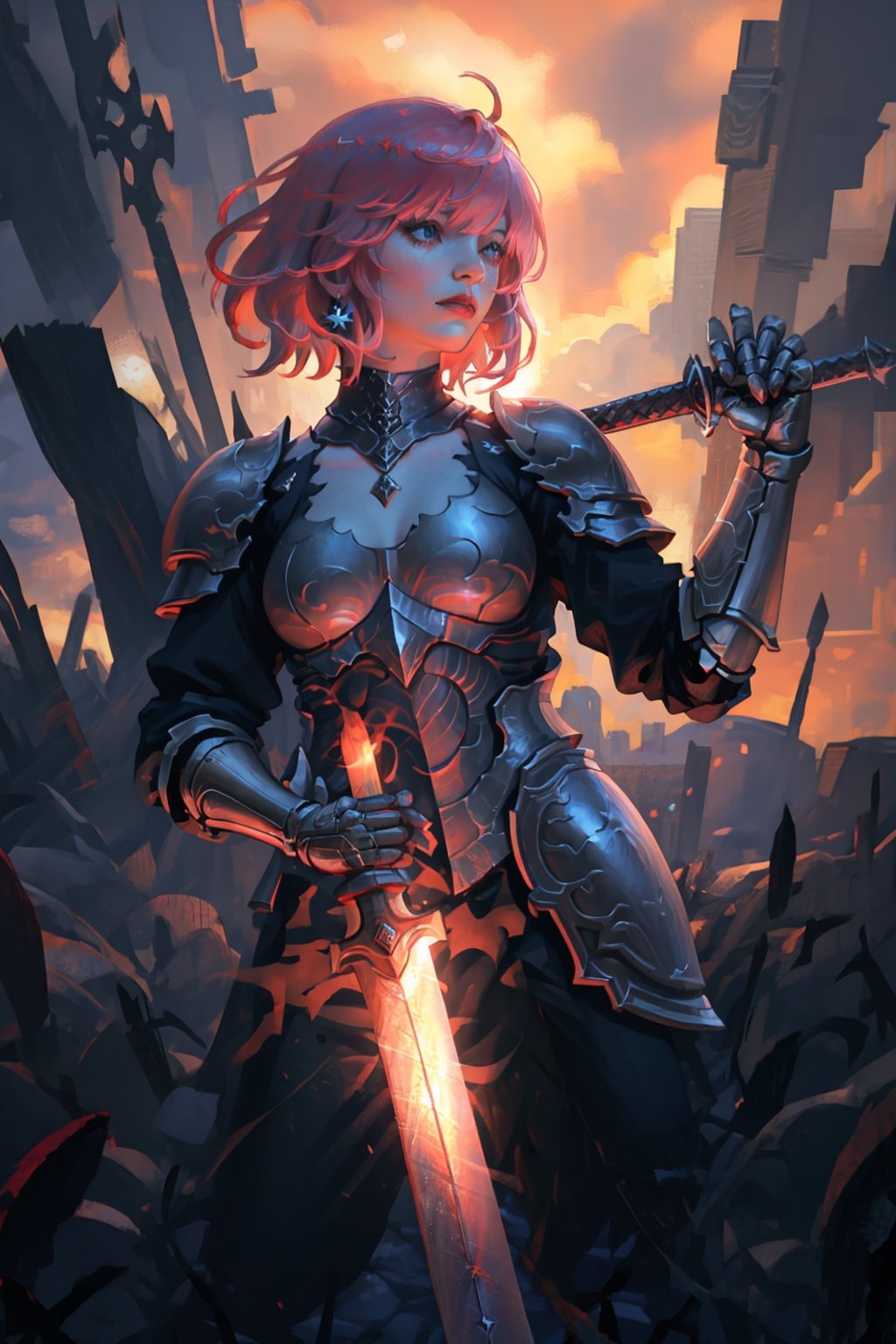  (masterpiece, best quality, high quality, real, realistic, super detailed,full detail,4k,8k),
NYDarkHalloween, 1girl, weapon, sword, solo, armor, pink hair, short hair, gauntlets, shoulder armor, holding, pauldrons, red hair, holding weapon, lips, holding sword