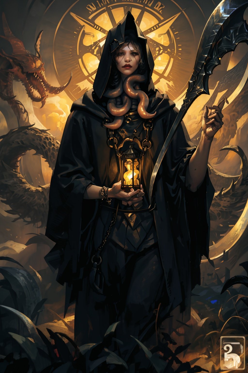  (masterpiece, best quality, high quality, real, realistic, super detailed,full detail,4k,8k),
NYDarkHalloween, tentacles, holding, hood, lantern, scythe, hood up, holding lantern, solo, cloak, weapon, holding scythe, hooded cloak, monster, eldritch abomination, holding weapon