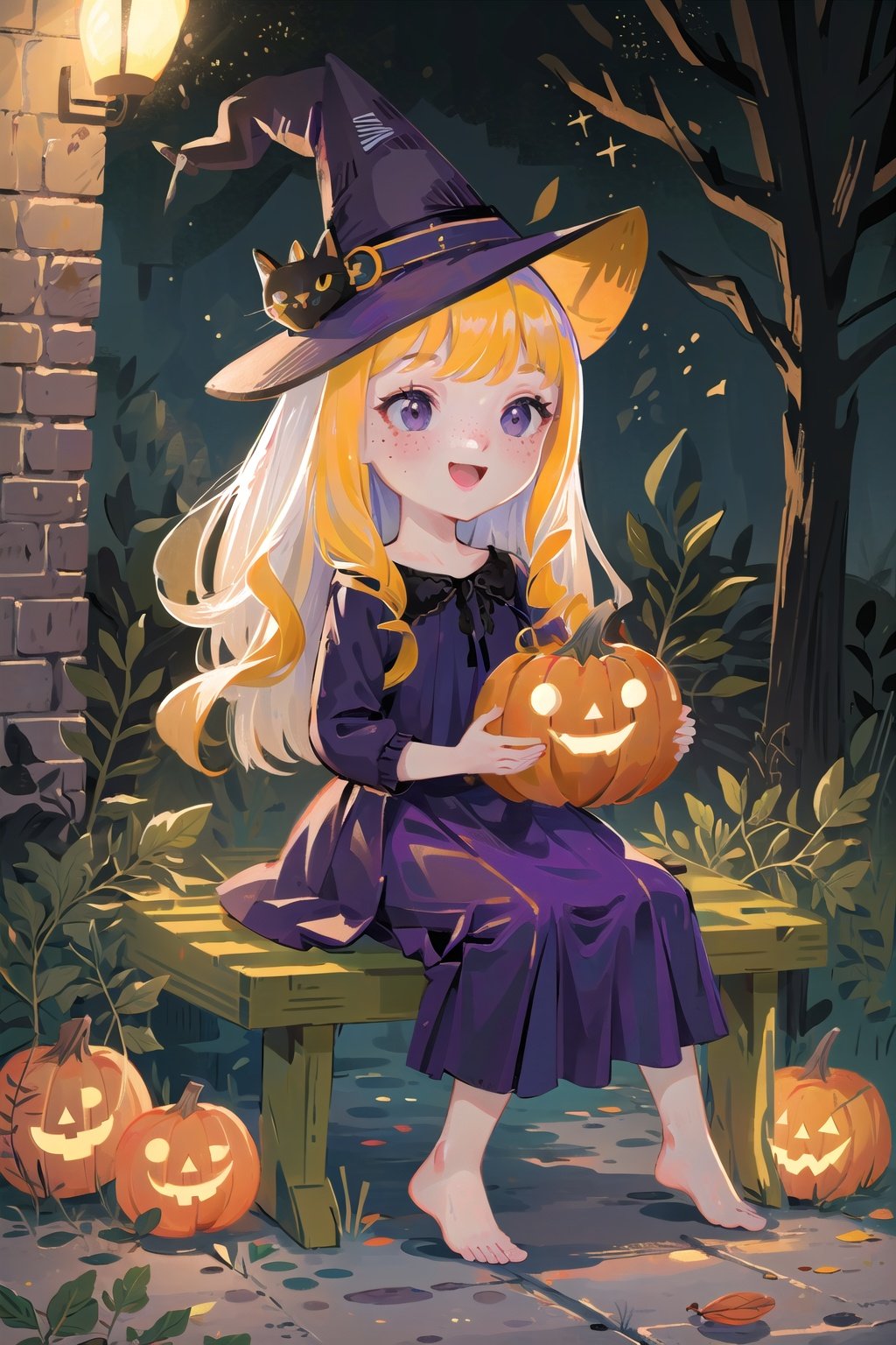  (((masterpiece))), ((extremely detailed CG unity 8k wallpaper)), best quality, high resolution illustration, Amazing, highres, intricate detail, (best illumination, best shadow, an extremely delicate and beautiful),

NYCuteHalloween, 1girl, hat, cat, witch hat, candy, freckles, food, black cat, witch, dress, halloween, smile, pumpkin, open mouth, sitting, outdoors, jack-o'-lantern, black eyes, solo, tree, purple dress, basket, barefoot, purple headwear, blush, night, :d