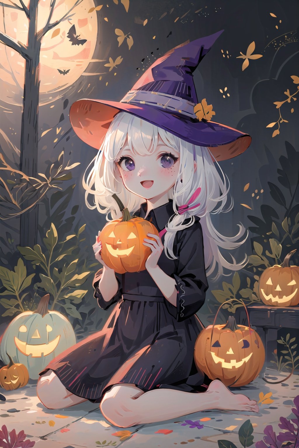  (((masterpiece))), ((extremely detailed CG unity 8k wallpaper)), best quality, high resolution illustration, Amazing, highres, intricate detail, (best illumination, best shadow, an extremely delicate and beautiful),

NYCuteHalloween, 1girl, hat, cat, witch hat, candy, freckles, food, black cat, witch, dress, halloween, smile, pumpkin, open mouth, sitting, outdoors, jack-o'-lantern, black eyes, solo, tree, purple dress, basket, barefoot, purple headwear, blush, night, :d