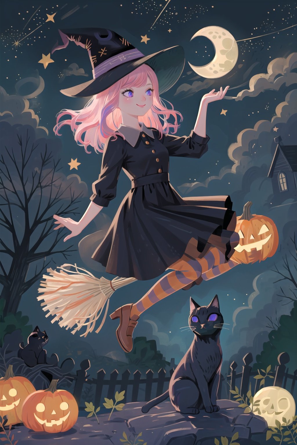  (masterpiece, best quality, high quality, real, realistic, super detailed,full detail,4k,8k),NYIllustrationHalloween, 1girl, cat, hat, broom, pink hair, witch hat, moon, crescent moon, witch, tree, jack-o'-lantern, striped, halloween, dress, pumpkin, broom riding, black cat, long hair, sky, star (symbol), black dress, night, pantyhose, purple eyes, star (sky), solo, bare tree, smile, night sky, outdoors, fence, starry sky, flower, tombstone, black headwear