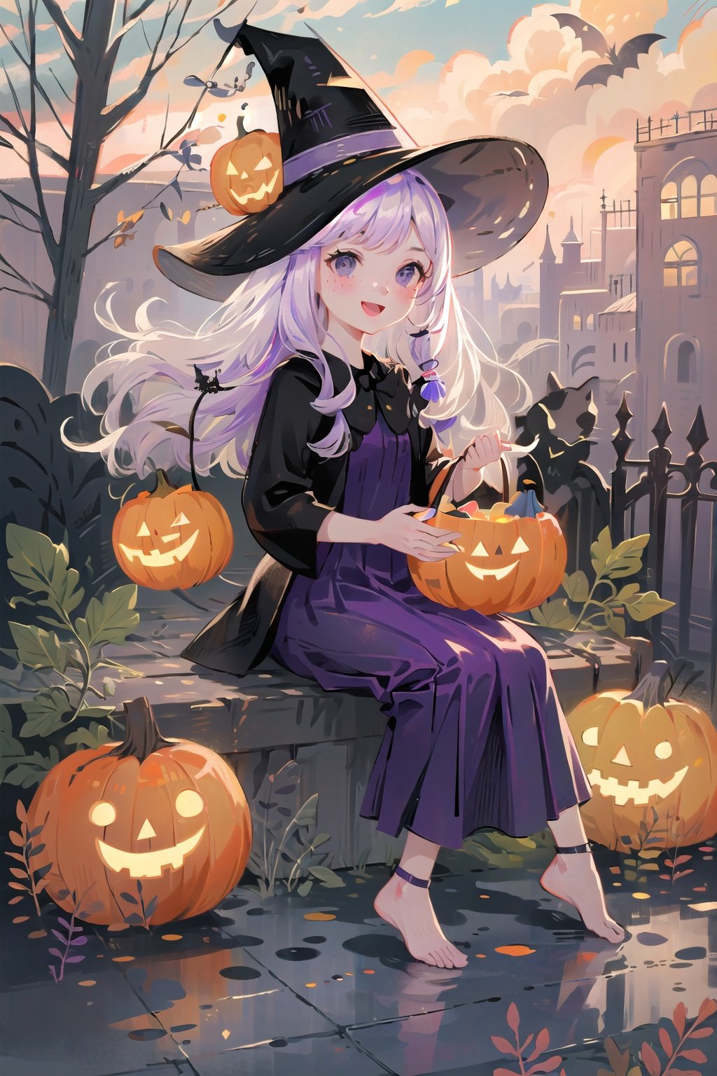  (((masterpiece))), ((extremely detailed CG unity 8k wallpaper)), best quality, high resolution illustration, Amazing, highres, intricate detail, (best illumination, best shadow, an extremely delicate and beautiful),

NYCuteHalloween, 1girl, hat, cat, witch hat, candy, freckles, food, black cat, witch, dress, halloween, smile, pumpkin, open mouth, sitting, outdoors, jack-o'-lantern, black eyes, solo, tree, purple dress, basket, barefoot, purple headwear, blush, night, :d