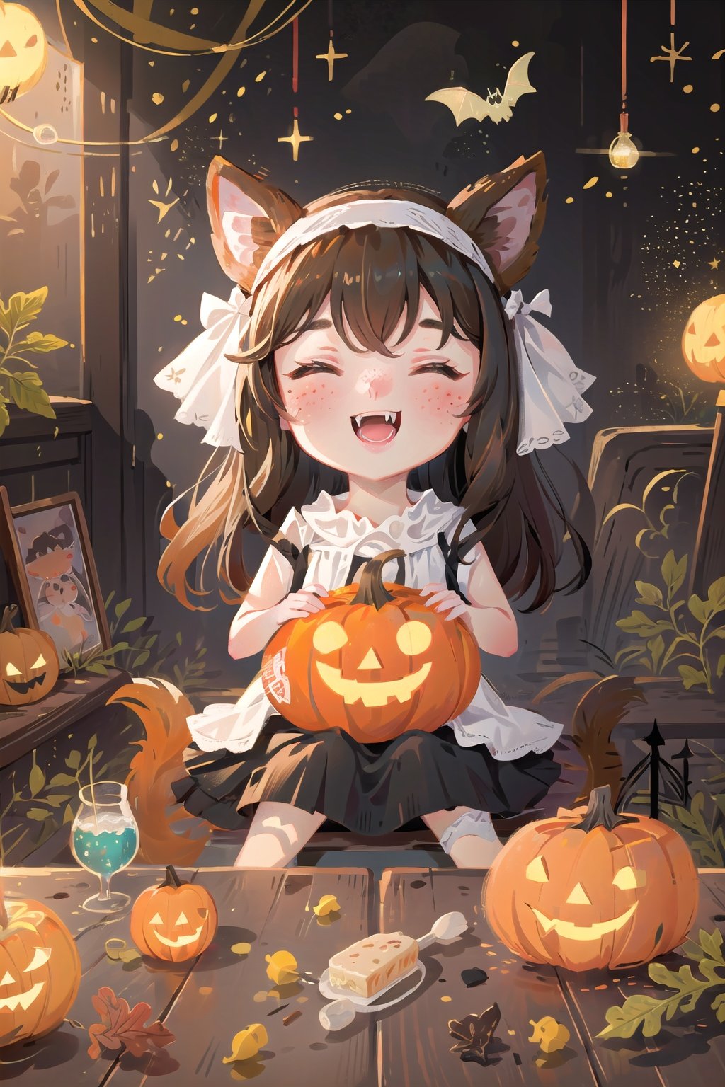  (((masterpiece))), ((extremely detailed CG unity 8k wallpaper)), best quality, high resolution illustration, Amazing, highres, intricate detail, (best illumination, best shadow, an extremely delicate and beautiful),

NYCuteHalloween, 1girl, cat, food, horns, fangs, bat (animal), hairband, jack-o'-lantern, black cat, closed eyes, candy, pumpkin, smile, halloween, open mouth, brown hair, freckles, ghost, sitting, holding, lollipop, chibi, animal, long hair, blush, holding food, ^_^, fake horns, happy, demon horns, dress, bangs