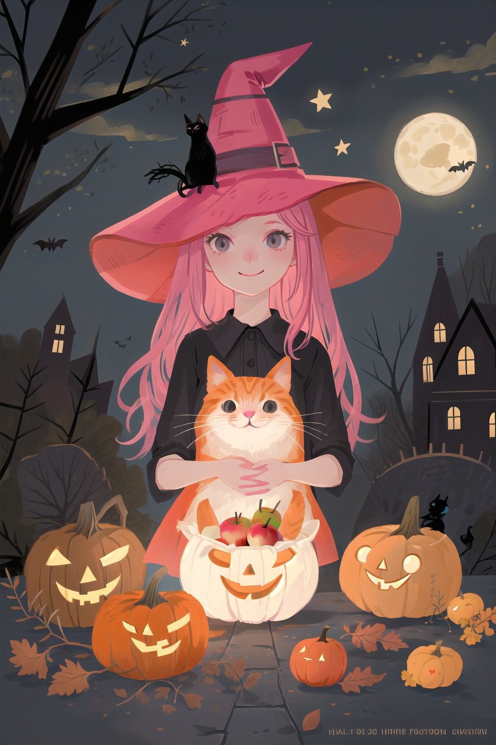  (masterpiece, best quality, high quality, real, realistic, super detailed,full detail,4k,8k),NYIllustrationHalloween, hat, food, 1girl, pumpkin, witch hat, pink hair, tree, long hair, rabbit, halloween, cat, basket, moon, smile, jack-o'-lantern, fruit, witch, star (symbol), apple, animal, night, watermark, outdoors, bat (animal), bare tree