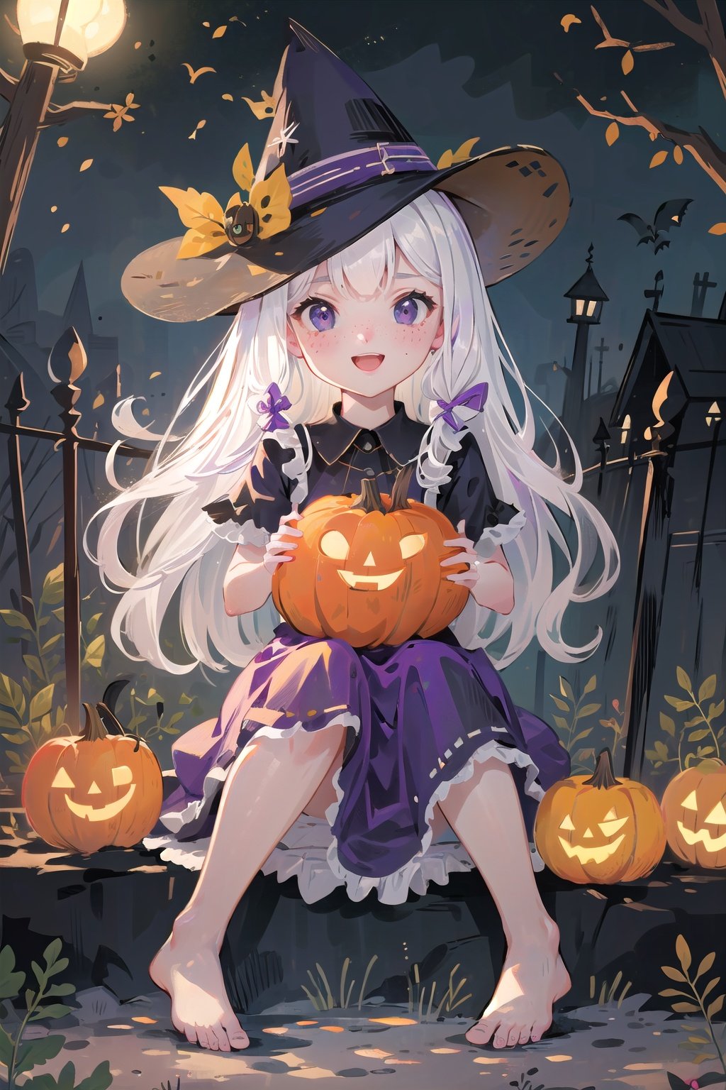  (((masterpiece))), ((extremely detailed CG unity 8k wallpaper)), best quality, high resolution illustration, Amazing, highres, intricate detail, (best illumination, best shadow, an extremely delicate and beautiful),

NYCuteHalloween, 1girl, hat, cat, witch hat, candy, freckles, food, black cat, witch, dress, halloween, smile, pumpkin, open mouth, sitting, outdoors, jack-o'-lantern, black eyes, solo, tree, purple dress, basket, barefoot, purple headwear, blush, night, :d