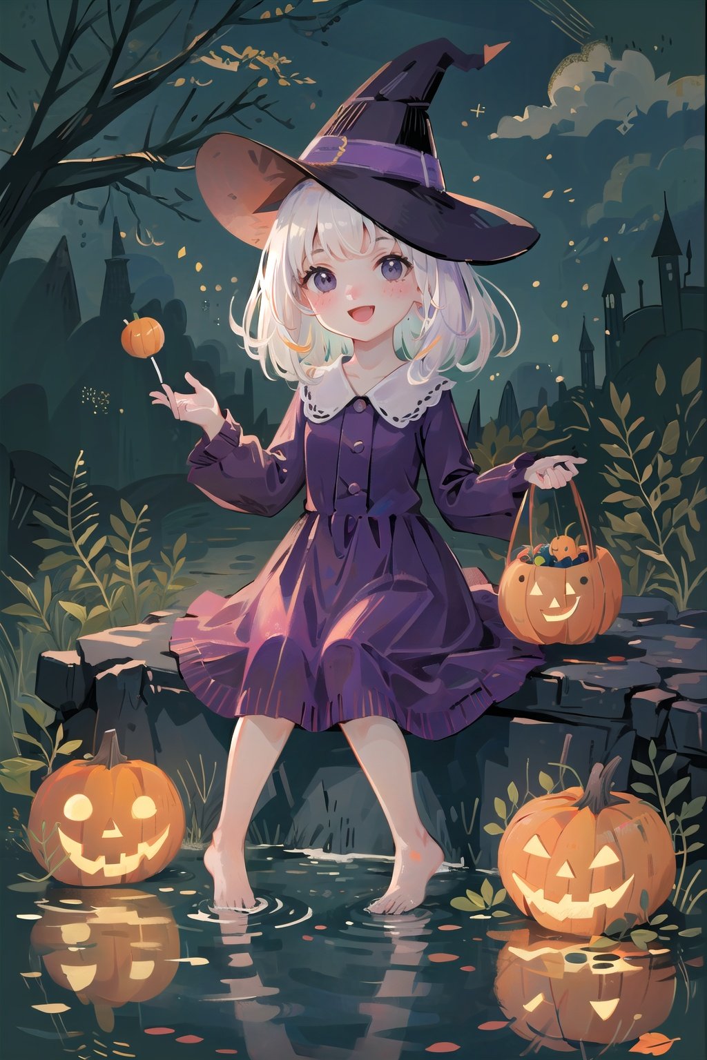  (((masterpiece))), ((extremely detailed CG unity 8k wallpaper)), best quality, high resolution illustration, Amazing, highres, intricate detail, (best illumination, best shadow, an extremely delicate and beautiful),

NYCuteHalloween, 1girl, hat, cat, witch hat, candy, freckles, food, black cat, witch, dress, halloween, smile, pumpkin, open mouth, sitting, outdoors, jack-o'-lantern, black eyes, solo, tree, purple dress, basket, barefoot, purple headwear, blush, night, :d