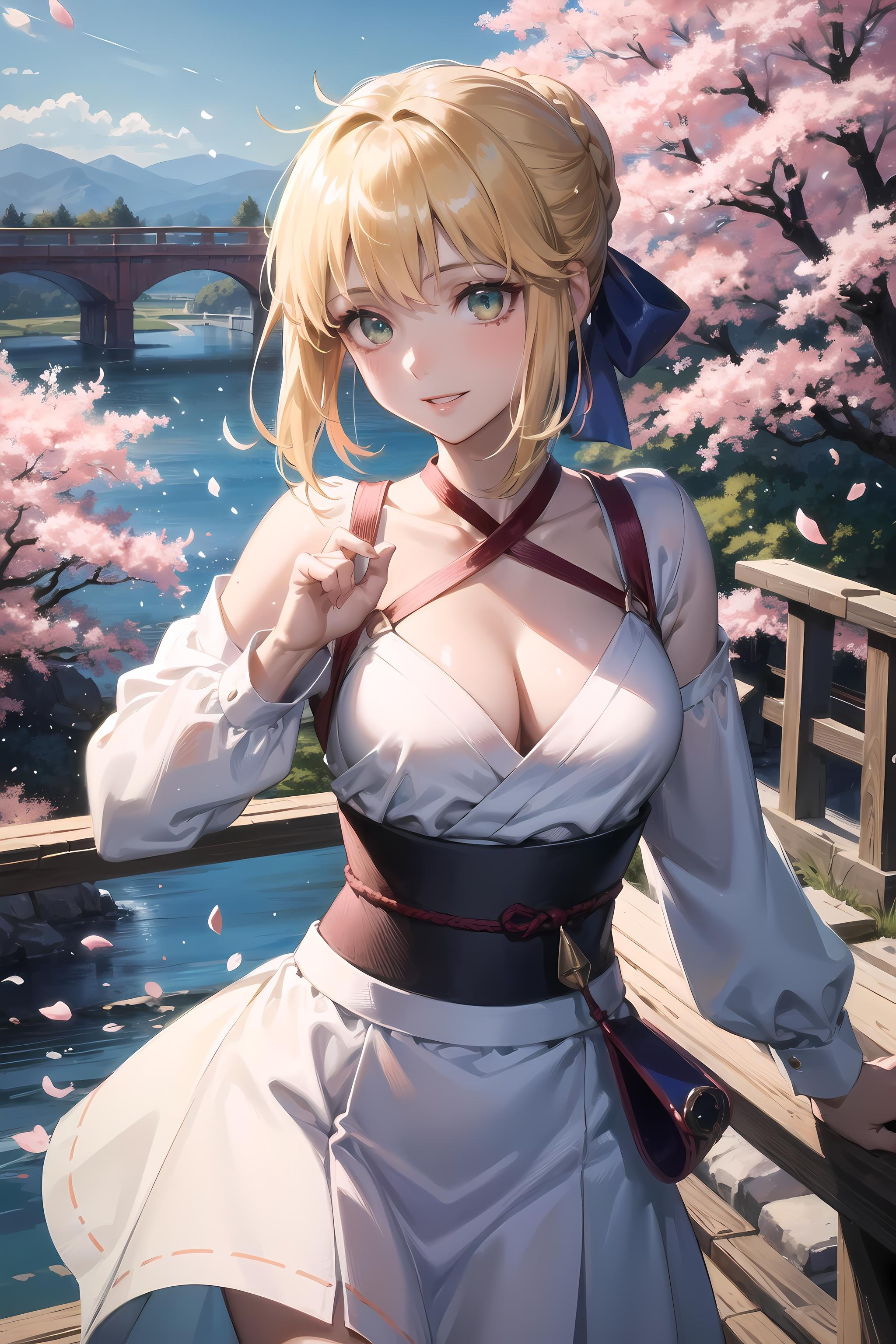 (masterpiece, best quality, glowing light, glistening, shiny skin, ultra detailed, detailed background, complex background),(perfect face, detailed face, detailed eyes,perfect hands,perfect fingers), (medium boobs:1.2,smile),(mature female:1.4),cowboy shot,thicc, saber,((gradient hair)),  gradient eyes, (glowing eyes:1.3), mascara, (fashion make up), parted lips, braid, hair ribbon, dress, blue ribbon, short hair, long sleeves, shirt, hair bun, armor,chest armor,((middle of japanese countryside,japanese bridge,over the bridge,river,cherry trees,cherry petals,dark blue sky)),((super detailed background)), dynamic poses, ((8k wallpaper)) , <lora:saber-08:1>