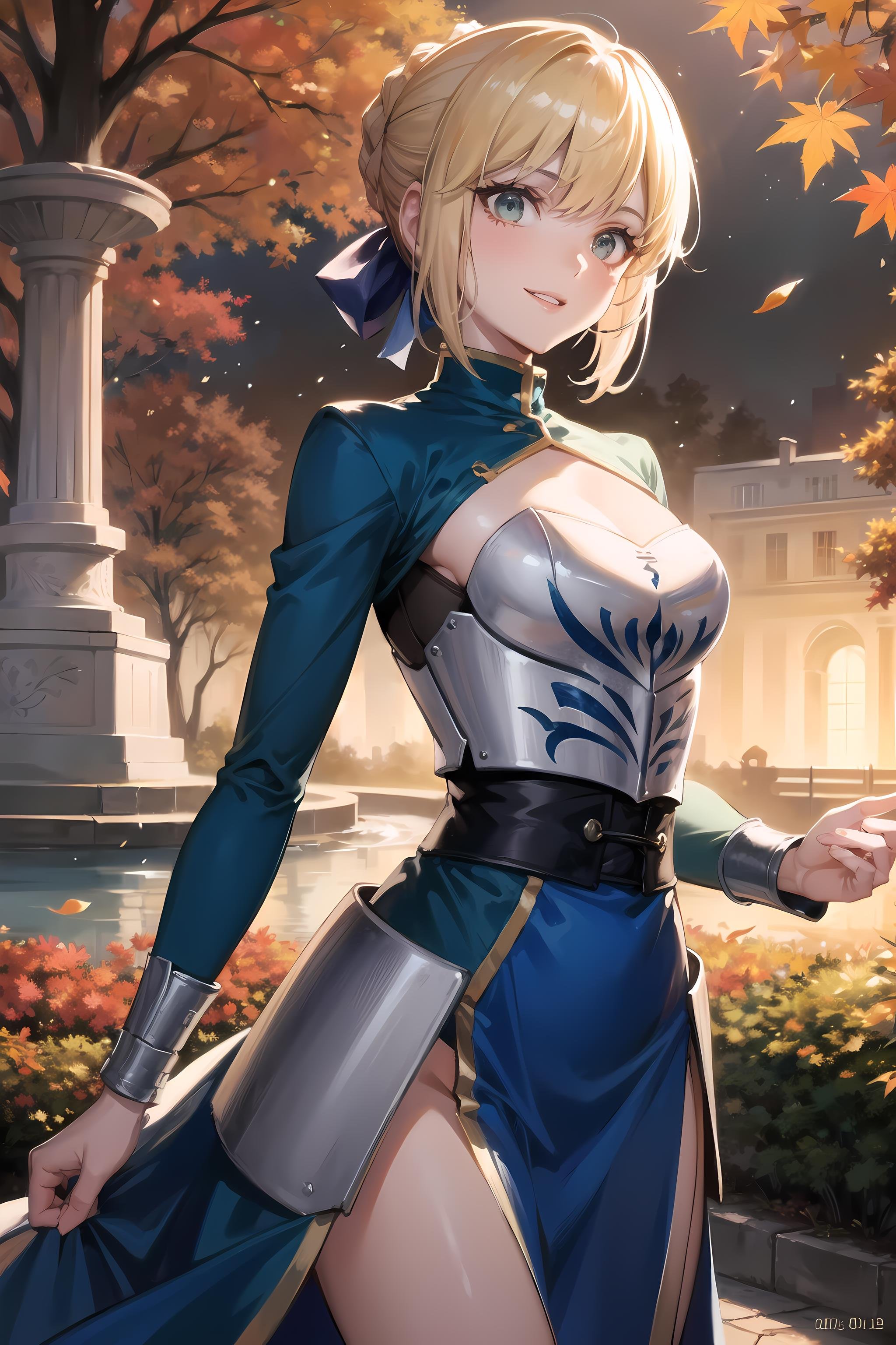 (masterpiece, best quality, glowing light, glistening, shiny skin, ultra detailed, detailed background, complex background),(perfect face, detailed face, detailed eyes,perfect hands,perfect fingers), (medium boobs:1.2,smile),(mature female:1.4),cowboy shot,thicc, saber,((gradient hair)),  gradient eyes, (glowing eyes:1.3), mascara, (fashion make up), parted lips, braid, hair ribbon, dress, blue ribbon, short hair, long sleeves, shirt, hair bun, armor,chest armor,((park, fountain, leaves in the air, wall, autumn, trees)),((super detailed background)), dynamic poses, ((8k wallpaper)) , <lora:saber-08:1>