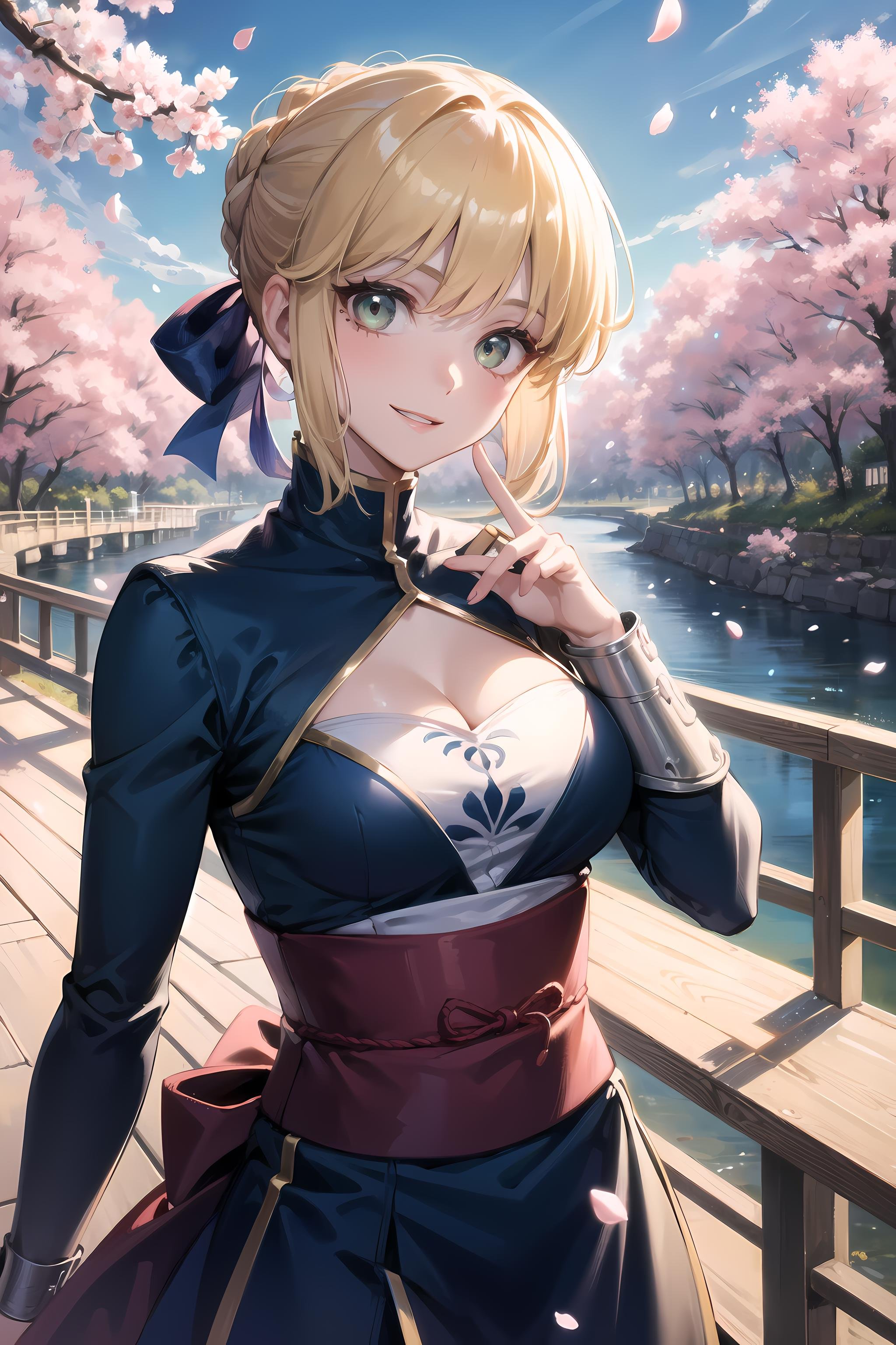 (masterpiece, best quality, glowing light, glistening, shiny skin, ultra detailed, detailed background, complex background),(perfect face, detailed face, detailed eyes,perfect hands,perfect fingers), (medium boobs:1.2,smile),(mature female:1.4),cowboy shot,thicc, saber,((gradient hair)),  gradient eyes, (glowing eyes:1.3), mascara, (fashion make up), parted lips, braid, hair ribbon, dress, blue ribbon, short hair, long sleeves, shirt, hair bun, armor,chest armor,((middle of japanese countryside,japanese bridge,over the bridge,river,cherry trees,cherry petals,dark blue sky)),((super detailed background)), dynamic poses, ((8k wallpaper)) , <lora:saber-08:1>