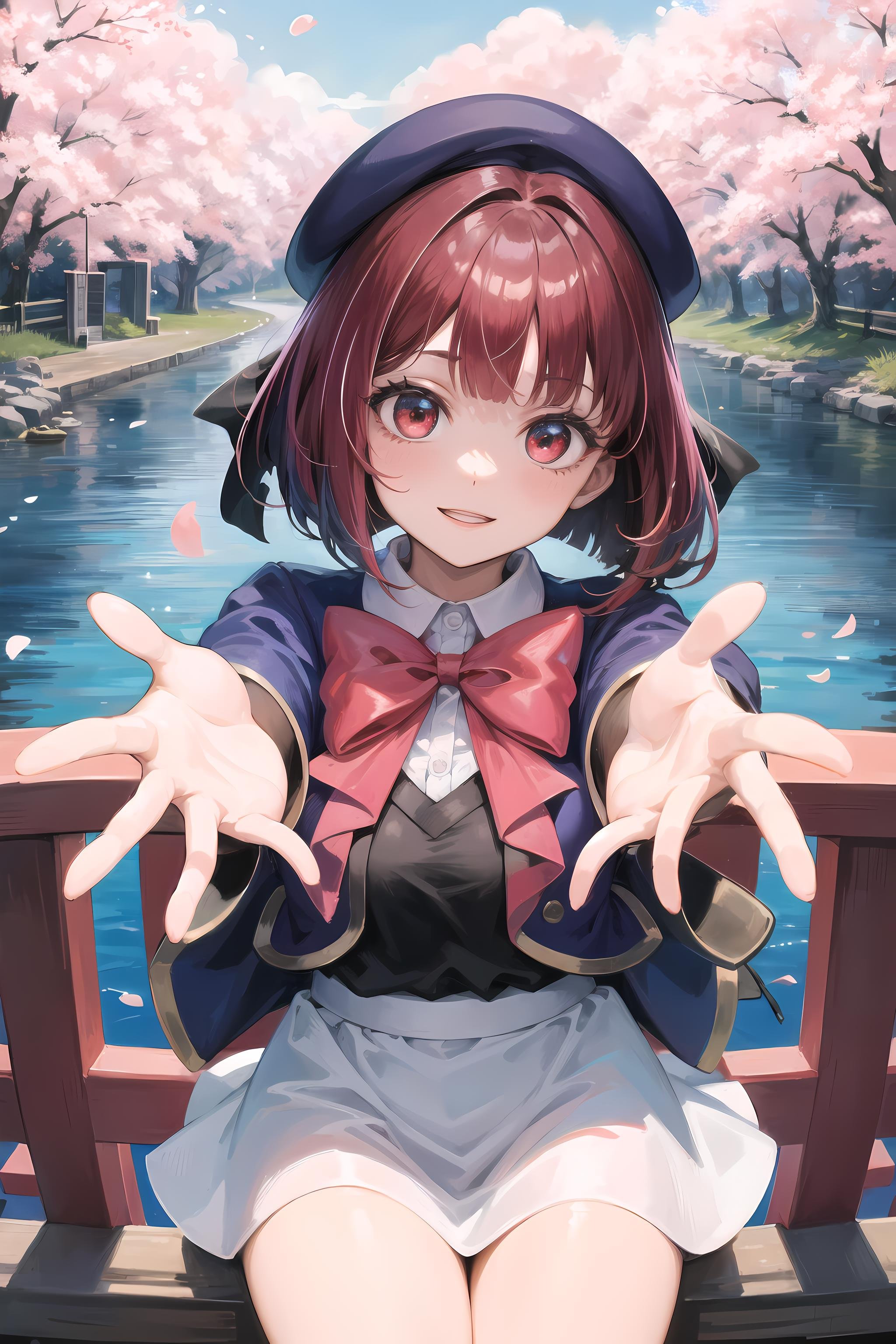 (masterpiece, best quality, glowing light, glistening, shiny skin, ultra detailed, detailed background, complex background),(perfect face, detailed face, detailed eyes,perfect hands,perfect fingers), (medium boobs:1.2,smile),(mature female:1.4),cowboy shot,thicc,kana,short hair,((gradient hair)),multicolored eyes, gradient eyes, (glowing eyes:1.1), mascara, (fashion make up), parted lips,skirt, shirt, long sleeves, hat, bow,school uniform, jacket,collared shirt, bowtie, red bow,white skirt, blue jacket,blue headwear,((middle of japanese countryside,japanese bridge,over the bridge,river,cherry trees,cherry petals,dark blue sky)),((super detailed background)), dynamic poses, ((8k wallpaper)) , <lora:Kana:1>