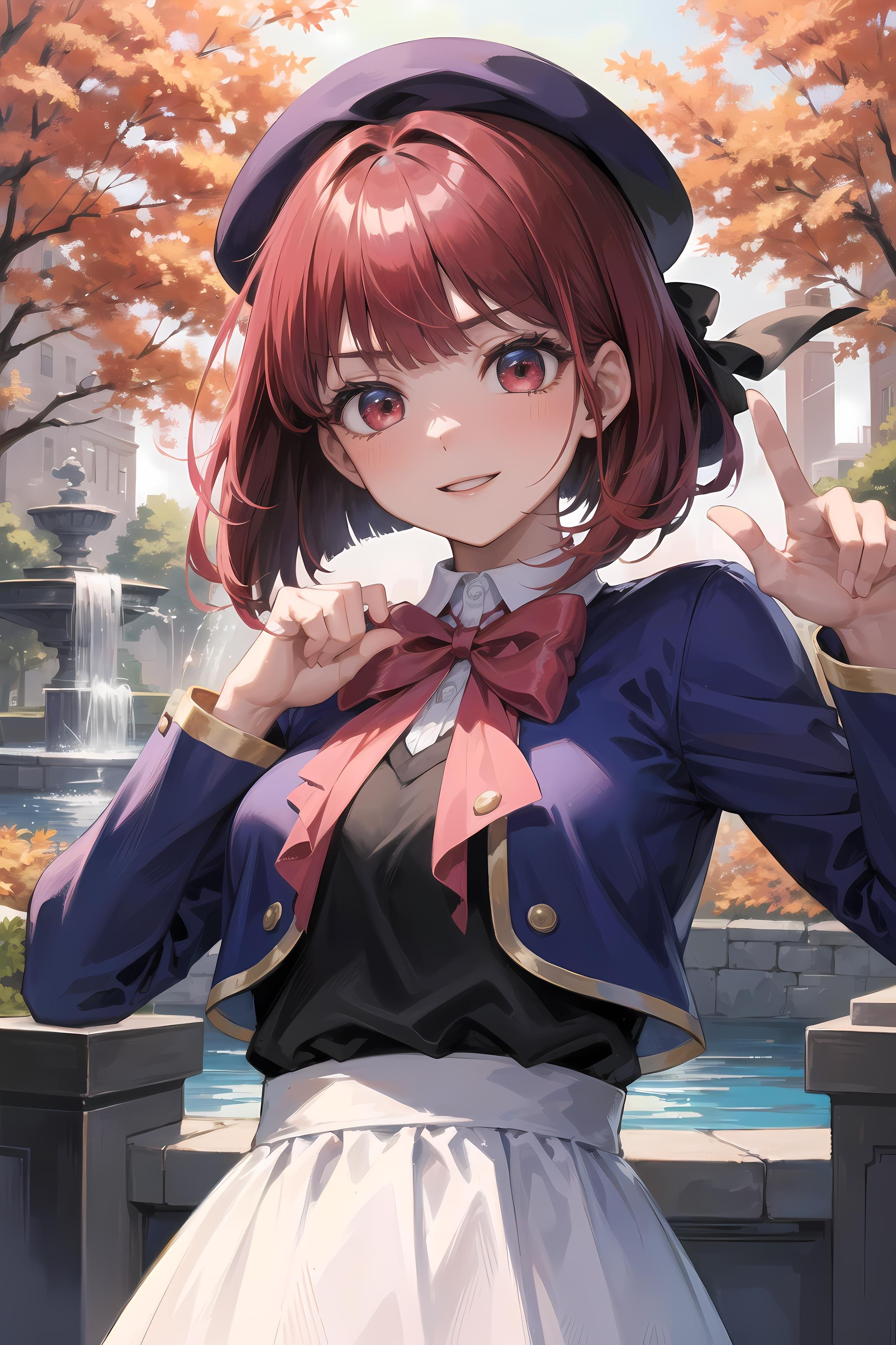 (masterpiece, best quality, glowing light, glistening, shiny skin, ultra detailed, detailed background, complex background),(perfect face, detailed face, detailed eyes,perfect hands,perfect fingers), (medium boobs:1.2,smile),(mature female:1.4),cowboy shot,thicc,kana,short hair,((gradient hair)),multicolored eyes, gradient eyes, (glowing eyes:1.1), mascara, (fashion make up), parted lips,skirt, shirt, long sleeves, hat, bow,school uniform, jacket,collared shirt, bowtie, red bow,white skirt, blue jacket,blue headwear,((park, fountain, leaves in the air, wall, autumn, trees)),((super detailed background)), dynamic poses, ((8k wallpaper)) , <lora:Kana:1>