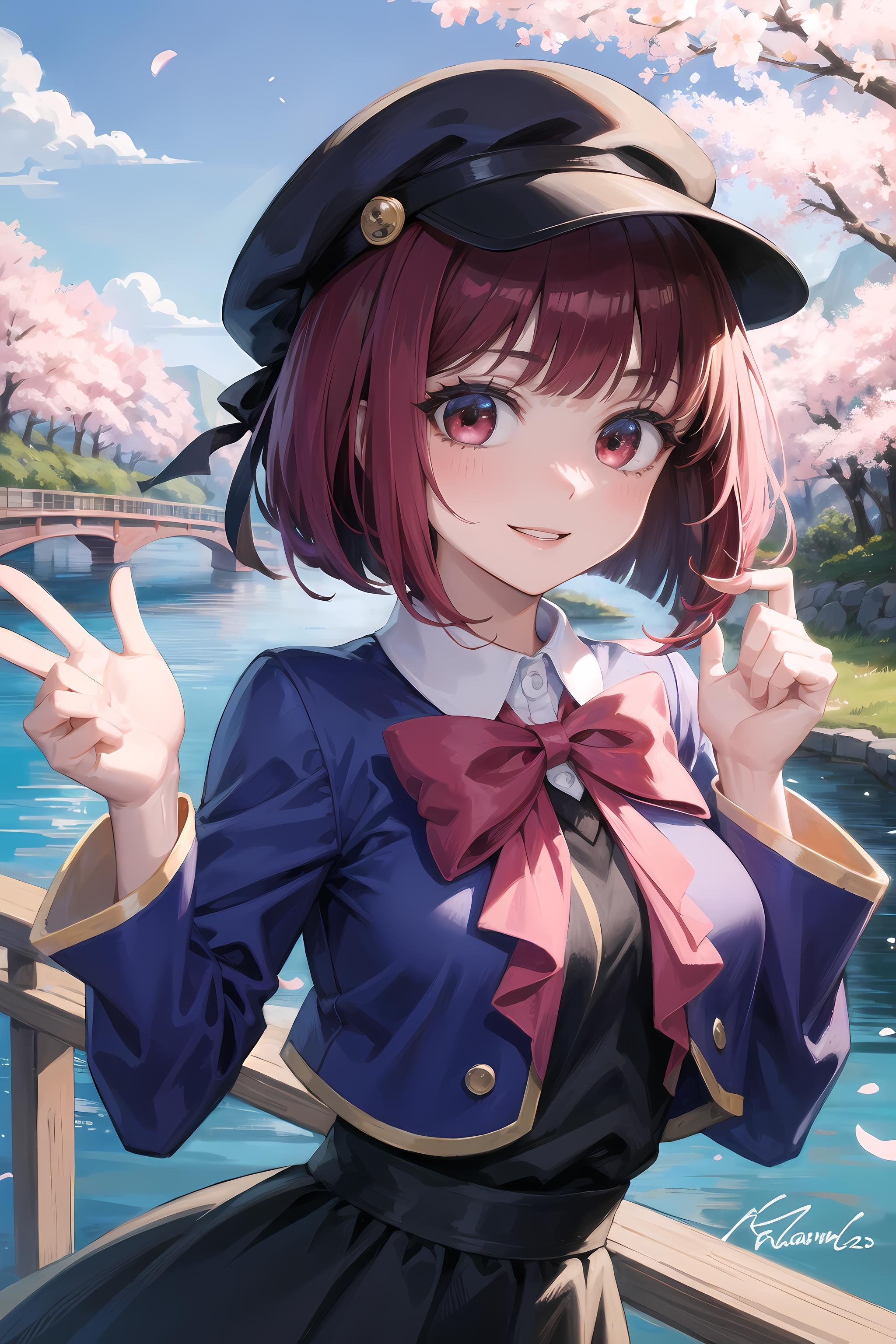 (masterpiece, best quality, glowing light, glistening, shiny skin, ultra detailed, detailed background, complex background),(perfect face, detailed face, detailed eyes,perfect hands,perfect fingers), (medium boobs:1.2,smile),(mature female:1.4),cowboy shot,thicc,kana,short hair,((gradient hair)),multicolored eyes, gradient eyes, (glowing eyes:1.1), mascara, (fashion make up), parted lips,skirt, shirt, long sleeves, hat, bow,school uniform, jacket,collared shirt, bowtie, red bow,white skirt, blue jacket,blue headwear,((middle of japanese countryside,japanese bridge,over the bridge,river,cherry trees,cherry petals,dark blue sky)),((super detailed background)), dynamic poses, ((8k wallpaper)) , <lora:Kana:1>