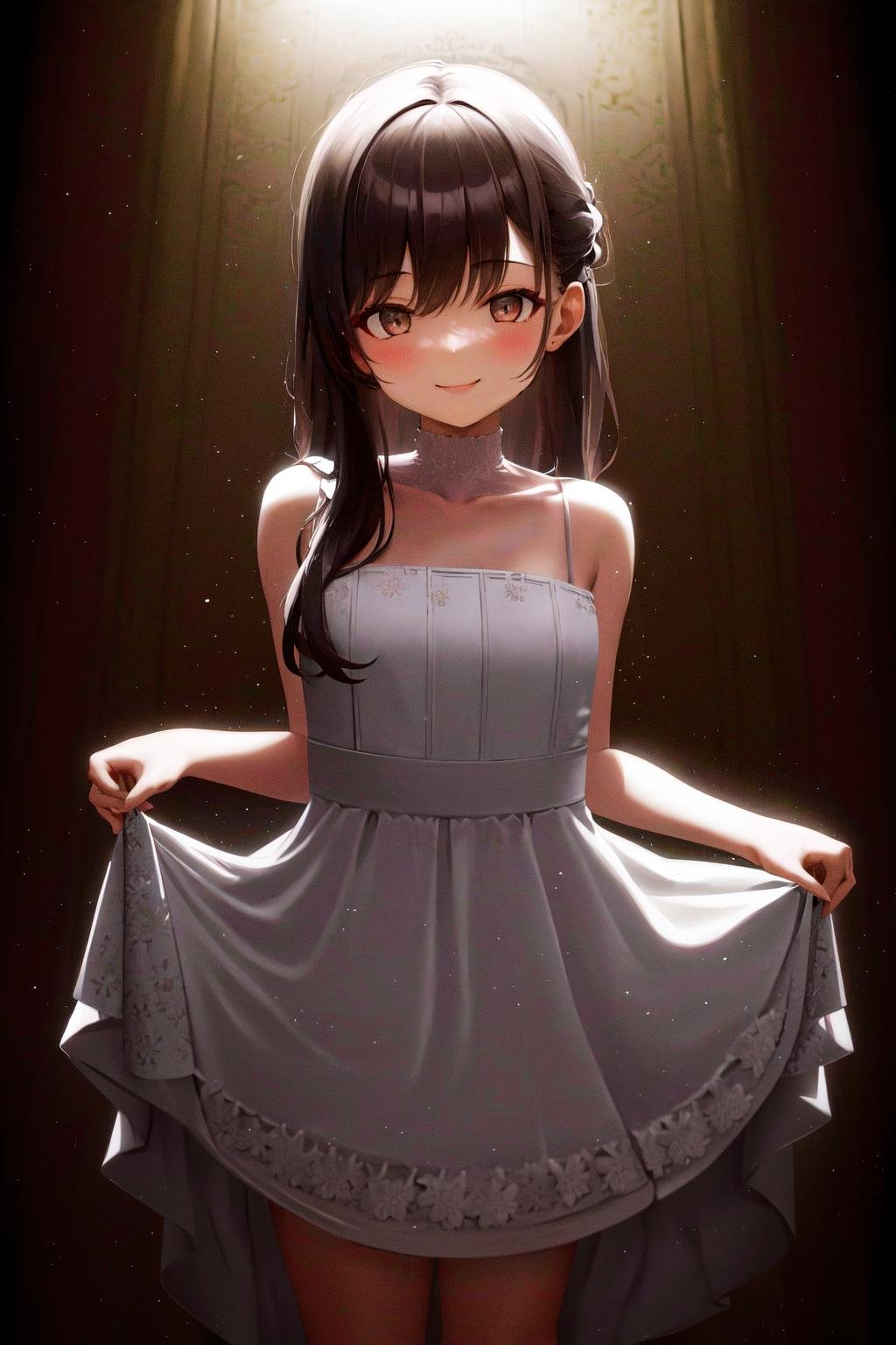 masterpiece, best quality, highres, spotlight, 1girl, white dress, dress lift, smile <lora:spotlight:1.2>