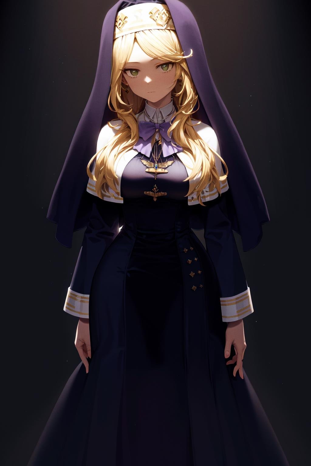 masterpiece, best quality, highres, 1girl sharon holygrail, nun capelet blue dress long sleeves long skirt blue skirt necklace earrings purple bowtie, spotlight backlighting, simple background <lora:spotlight:1> <lora:sharon_holygrail:1>