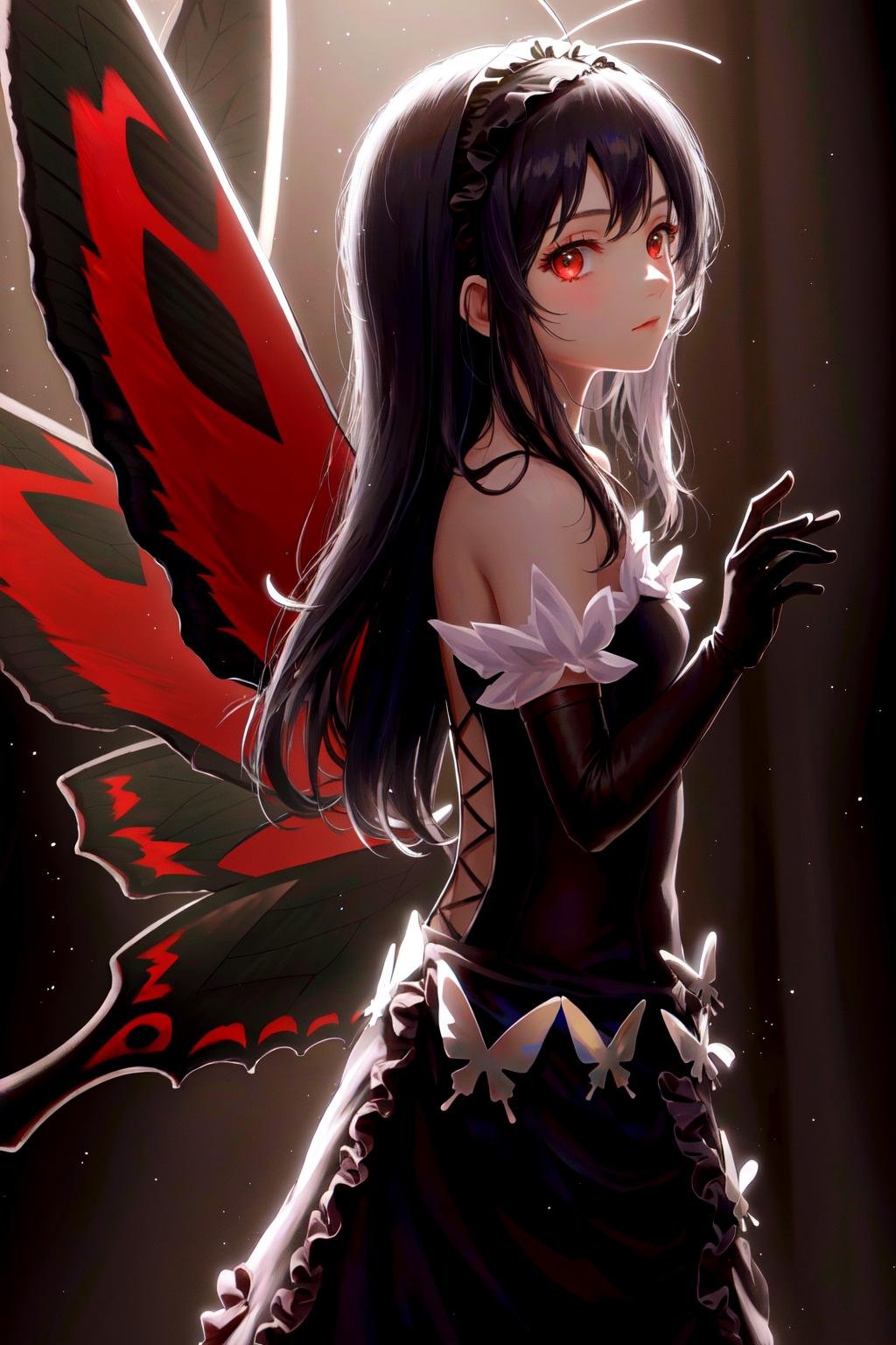 masterpiece, best quality, highres, 1girl hairband black dress frills black gloves elbow gloves butterfly wings, spotlight, standing, backlighting, from side, looking at viewer <lora:spotlight:1> <lora:kuroyukihime:1>