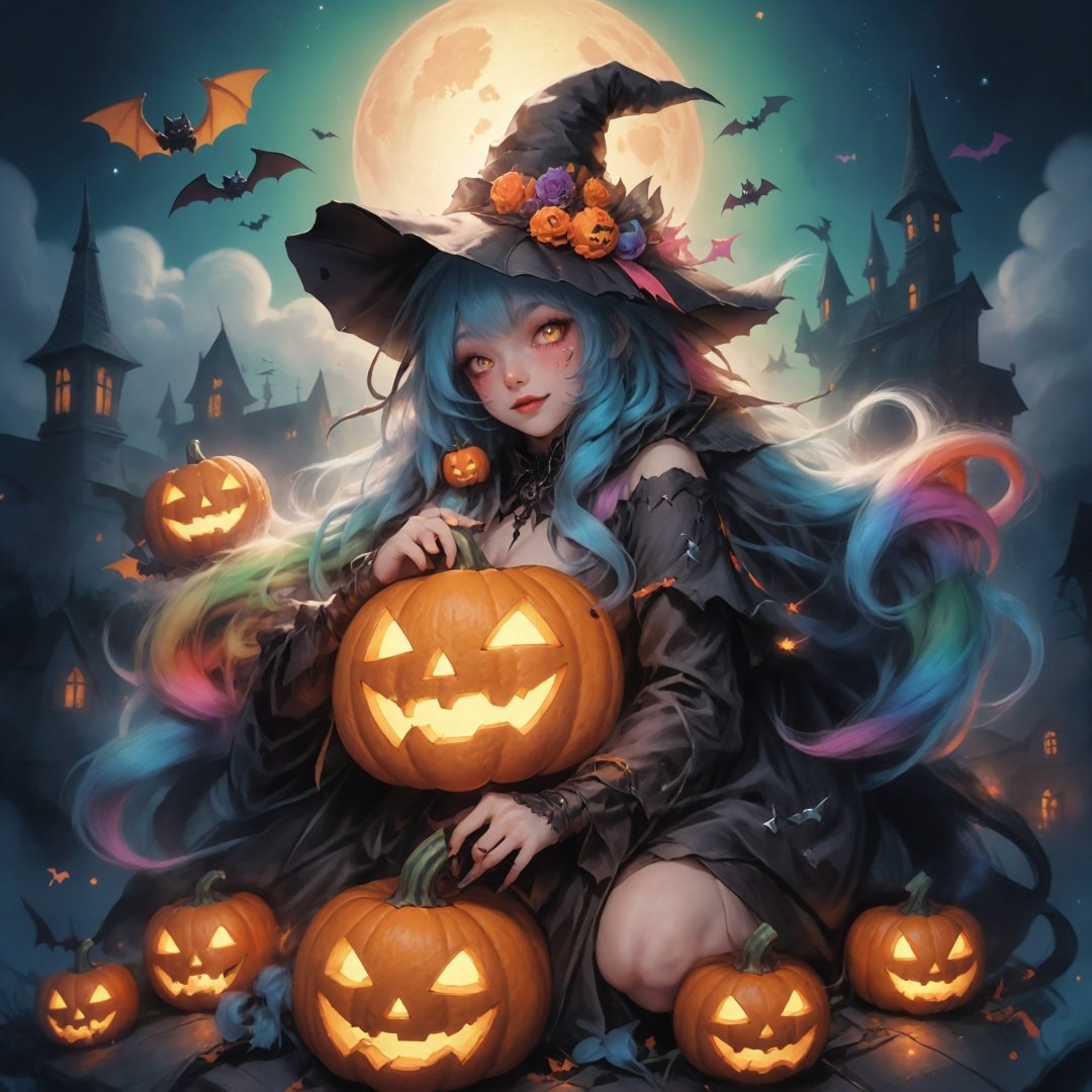 1 girl, Asian teenager, Halloween costume, masterpiece, best quality, ultra high res, highly detailed, psychedelic art (1.4), woman-demon (1.3), floating in dark mist (1.1), furry girl, anime furry women, (best quality), (masterpiece), (realistic), detailed, portrait, close up, young female, RAW photo, UHD, DSLR, rainbow hair, high quality, realistic, photo-realistic, dreamlike art, lens flare, upper body, looking at viewer, animal focus, furry, wolf fursuit, cute, kawaii, lovely, fur, fur head, wolf head, narrow waist, wolf ears, black choker, blush, paw, paw shoes, rainbow clothes, stunning gradient colors, no watermark signature, detailed background, woods, small lake with island, insanely detailed, visually stunning, wicked, hypnotic, alluring, cowboy shot, intricate, perfect shading, veil, beautiful, award-winning illustration, cosmic space background, ethereal atmosphere, ultra quality, beautiful girl, cosmic concept, rainbow strings, rainbow skin, rainbow bloody veins growing and intertwining out of the darkness, nailed wire, oozing thick blue blood, sharp neon, veins growing and pumping blood, vascular networks growing, green veins everywhere, yin and yang, glowing space, glowing stars, infinity symbol, dynamic pose, flying pose, glowing body, rainbow aura (1.1), beautiful angel, clockwork, lightning, majestic, breathtaking, guangying on face, jack-o'-lantern, witch hat, spider web, bats, haunted mansion, graveyard, full moon, eerie night sky, trick-or-treat bag, candy corn, spooky decorations, ghostly apparitions, pumpkin patch, creepy crawlies, scarecrow, witches' brew, cauldron, black cat, gothic elements, supernatural powers, magical spells, spellbinding enchantment, <lora:poaklHalloweenV2:0.8>