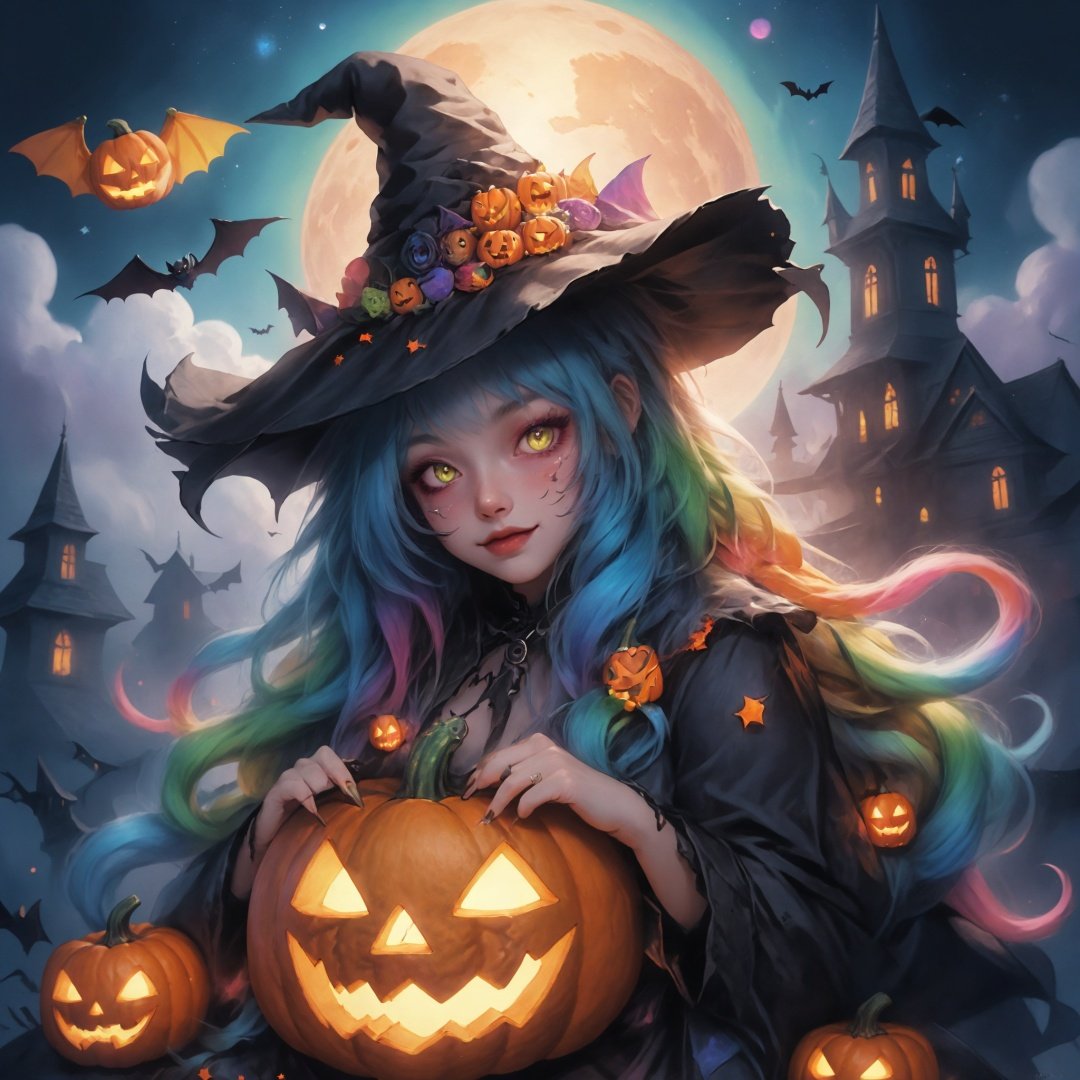 1 girl, Asian teenager, Halloween costume, masterpiece, best quality, ultra high res, highly detailed, psychedelic art (1.4), woman-demon (1.3), floating in dark mist (1.1), furry girl, anime furry women, (best quality), (masterpiece), (realistic), detailed, portrait, close up, young female, RAW photo, UHD, DSLR, rainbow hair, high quality, realistic, photo-realistic, dreamlike art, lens flare, upper body, looking at viewer, animal focus, furry, wolf fursuit, cute, kawaii, lovely, fur, fur head, wolf head, narrow waist, wolf ears, black choker, blush, paw, paw shoes, rainbow clothes, stunning gradient colors, no watermark signature, detailed background, woods, small lake with island, insanely detailed, visually stunning, wicked, hypnotic, alluring, cowboy shot, intricate, perfect shading, veil, beautiful, award-winning illustration, cosmic space background, ethereal atmosphere, ultra quality, beautiful girl, cosmic concept, rainbow strings, rainbow skin, rainbow bloody veins growing and intertwining out of the darkness, nailed wire, oozing thick blue blood, sharp neon, veins growing and pumping blood, vascular networks growing, green veins everywhere, yin and yang, glowing space, glowing stars, infinity symbol, dynamic pose, flying pose, glowing body, rainbow aura (1.1), beautiful angel, clockwork, lightning, majestic, breathtaking, guangying on face, jack-o'-lantern, witch hat, spider web, bats, haunted mansion, graveyard, full moon, eerie night sky, trick-or-treat bag, candy corn, spooky decorations, ghostly apparitions, pumpkin patch, creepy crawlies, scarecrow, witches' brew, cauldron, black cat, gothic elements, supernatural powers, magical spells, spellbinding enchantment, <lora:poaklHalloweenV2:0.8>