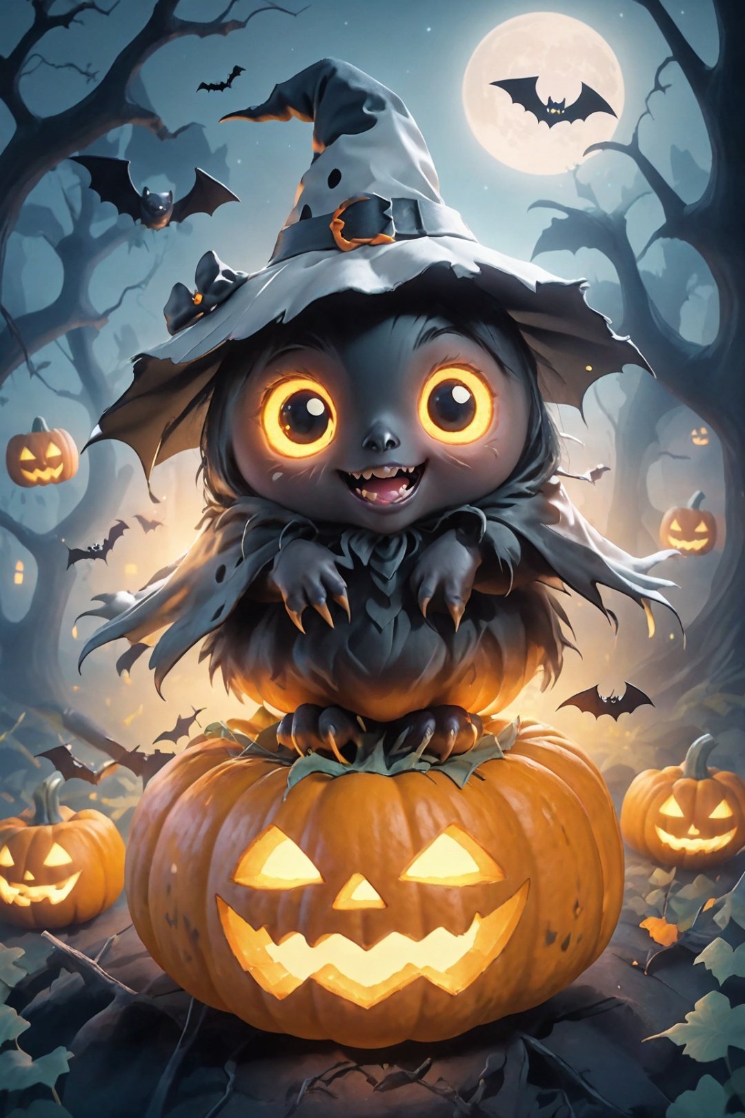  
Bizarre Halloween atmosphere, spooky, mysterious, fantasy, crow, bat, cute little ghost, 3D blender, glow, dark forest, cute little pumpkin, octane rendering, soft light, particle light effect, halloween style