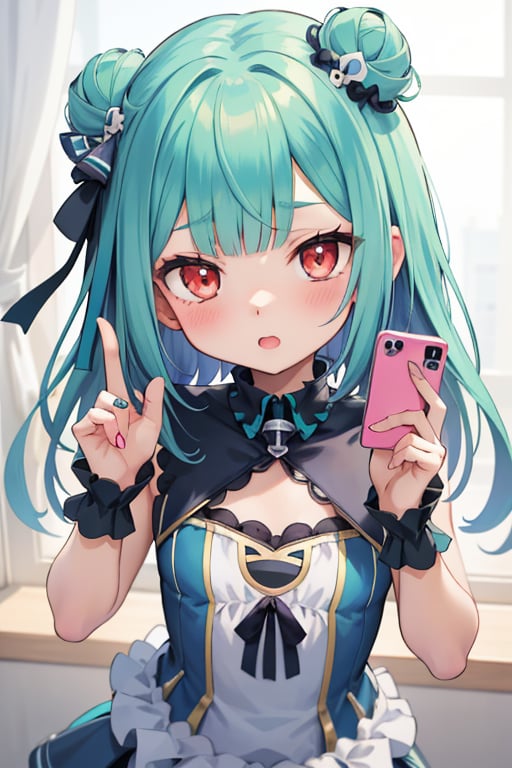 (masterpiece, best quality:1.2), 1girl, anime girl with green hair and blue dress  holding a cell phone, anime girl with teal hair, anime visual of a cute girl, mikudayo, portrait of an anime girl, anime moe artstyle, marin kitagawa fanart, young anime girl, small curvy loli, cute anime waifu in a nice dress, portrait of cute anime girl, made with anime painter studio
