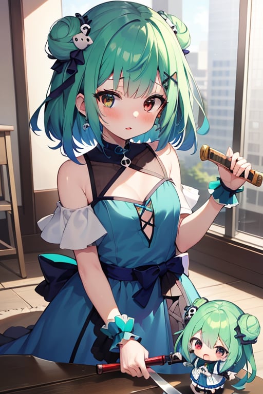 (masterpiece, best quality:1.2), 1girl, anime girl with green hair and blue dress holding a knife, anime girl with teal hair, anime visual of a cute girl, mikudayo, portrait of an anime girl, anime moe artstyle, marin kitagawa fanart, young anime girl, small curvy loli, cute anime waifu in a nice dress, portrait of cute anime girl, made with anime painter studio
