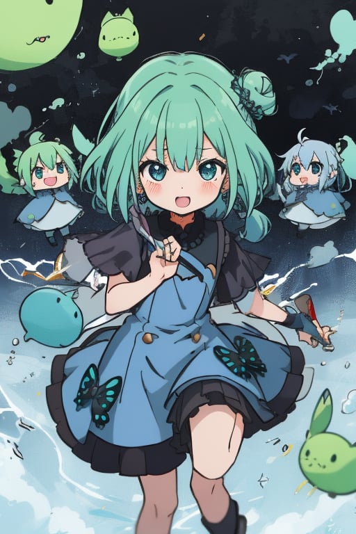 (masterpiece, best quality:1.2), 1girl, anime girl with green hair and blue dress holding a knife, anime girl with teal hair, anime visual of a cute girl, mikudayo, portrait of an anime girl, anime moe artstyle, marin kitagawa fanart, young anime girl, small curvy loli, cute anime waifu in a nice dress, portrait of cute anime girl, made with anime painter studio
