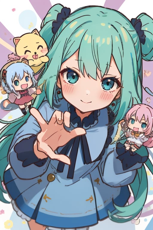 (masterpiece, best quality:1.2), 1girl, anime girl with green hair and blue dress  holding a cell phone, anime girl with teal hair, anime visual of a cute girl, mikudayo, portrait of an anime girl, anime moe artstyle, marin kitagawa fanart, young anime girl, small curvy loli, cute anime waifu in a nice dress, portrait of cute anime girl, made with anime painter studio
