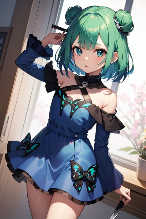 (masterpiece, best quality:1.2), 1girl, anime girl with green hair and blue dress holding a knife, anime girl with teal hair, anime visual of a cute girl, mikudayo, portrait of an anime girl, anime moe artstyle, marin kitagawa fanart, young anime girl, small curvy loli, cute anime waifu in a nice dress, portrait of cute anime girl, made with anime painter studio
