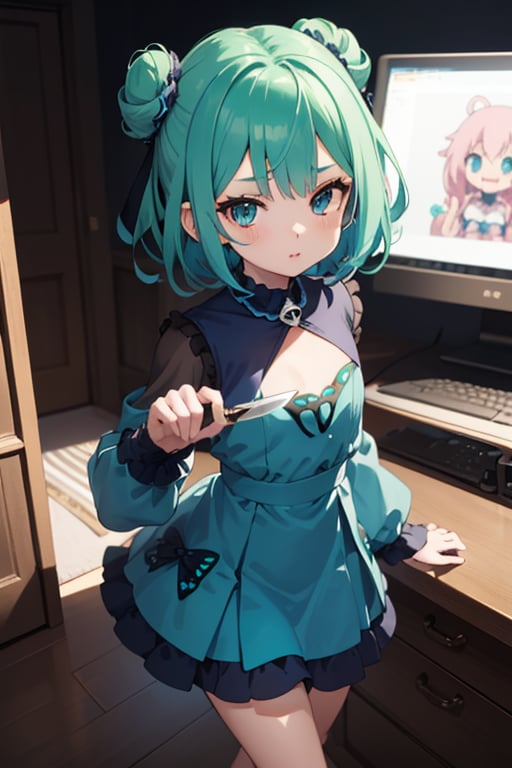 (masterpiece, best quality:1.2), 1girl, anime girl with green hair and blue dress holding a knife, anime girl with teal hair, anime visual of a cute girl, mikudayo, portrait of an anime girl, anime moe artstyle, marin kitagawa fanart, young anime girl, small curvy loli, cute anime waifu in a nice dress, portrait of cute anime girl, made with anime painter studio
