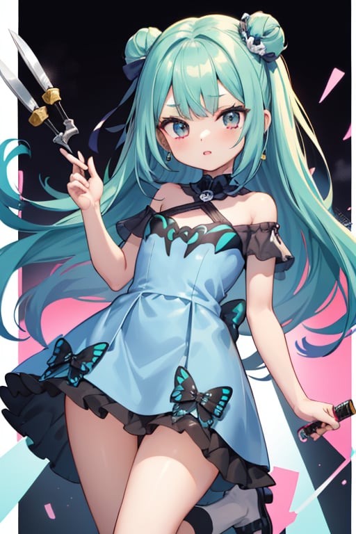 (masterpiece, best quality:1.2), 1girl, anime girl with green hair and blue dress holding a knife, anime girl with teal hair, anime visual of a cute girl, mikudayo, portrait of an anime girl, anime moe artstyle, marin kitagawa fanart, young anime girl, small curvy loli, cute anime waifu in a nice dress, portrait of cute anime girl, made with anime painter studio
