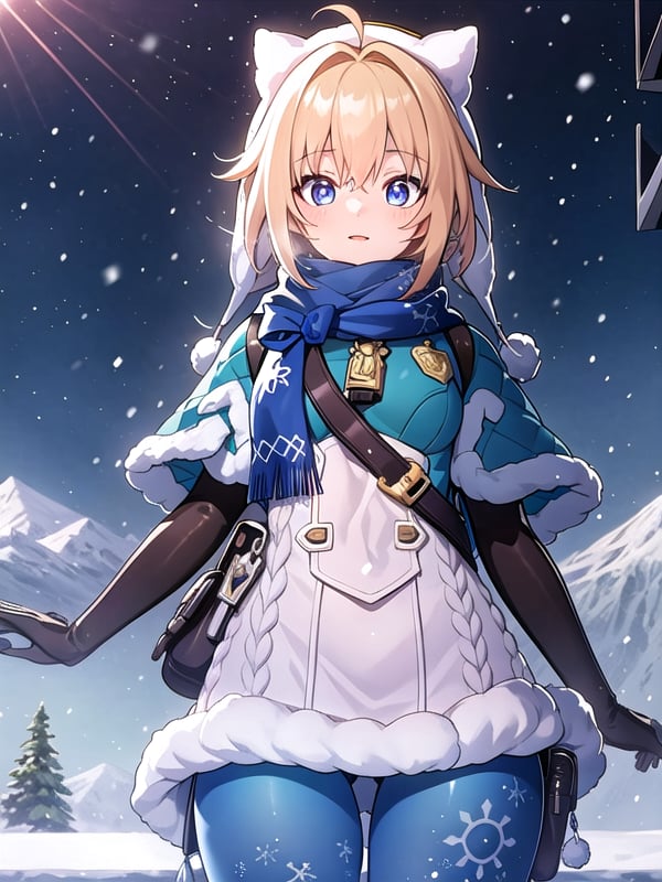 (extremely detailed CG), (best quality), 1girl, perfect face, absurdly long hair, bright pupils, (finely detailed beautiful eyes), shiny skin, lustrous skin, wide hips, narrow waist, Lynx Landau, scarf, fur trim, winter clothes, fur-trimmed capelet, print pantyhose, pom pom (clothes), backpack, fur-trimmed boots, white headwear, panoramic view, mountainous horizon, snowing