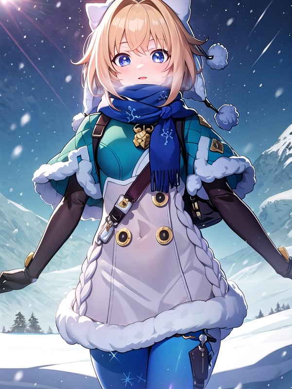 (extremely detailed CG), (best quality), 1girl, perfect face, absurdly long hair, bright pupils, (finely detailed beautiful eyes), shiny skin, lustrous skin, wide hips, narrow waist, Lynx Landau, scarf, fur trim, winter clothes, fur-trimmed capelet, print pantyhose, pom pom (clothes), backpack, fur-trimmed boots, white headwear, panoramic view, mountainous horizon, snowing