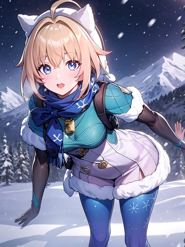 (extremely detailed CG), (best quality), 1girl, perfect face, absurdly long hair, bright pupils, (finely detailed beautiful eyes), shiny skin, lustrous skin, wide hips, narrow waist, Lynx Landau, scarf, fur trim, winter clothes, fur-trimmed capelet, print pantyhose, pom pom (clothes), backpack, fur-trimmed boots, white headwear, panoramic view, mountainous horizon, snowing